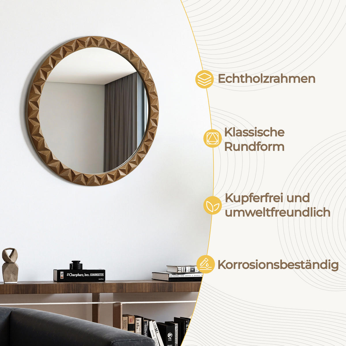 52CM H Runder Wandspiegel mit Kiefernholzrahmen, Geeignet für Badezimmer, Wohnzimmer und Schlafzimmer - Dunkelbraun, Glas/Holz (52/3.5/52cm) - Hometopia