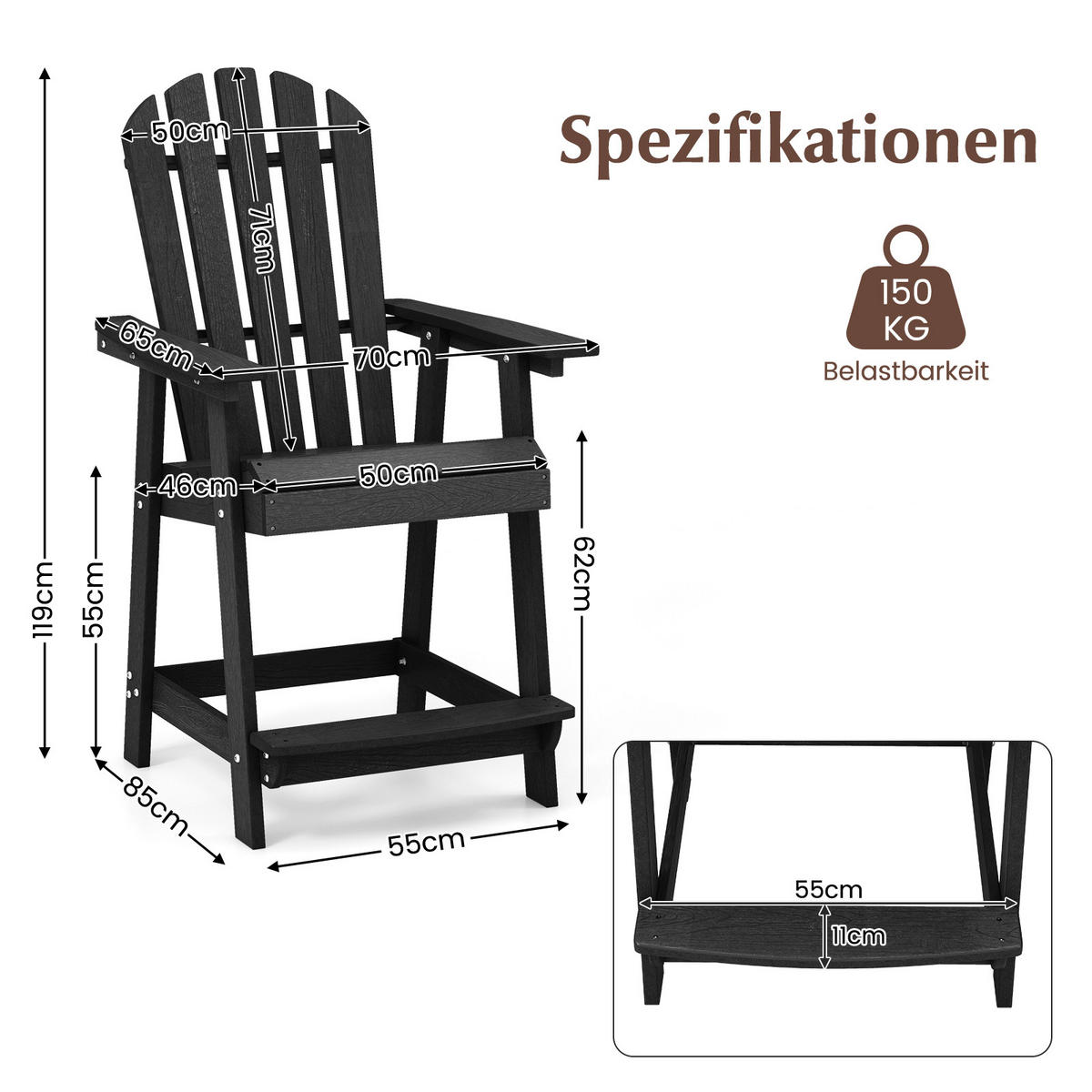 STUHL Hoher Adirondack Schwarz - Schwarz, Kunststoff (85/119/70cm) - COSTWAY