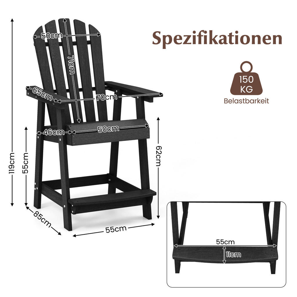 Thumbnail - Costway Stuhl, Schwarz, Kunststoff, 85x119x70 cm, Gartenmöbel, Gartenstühle, Gartenstühle