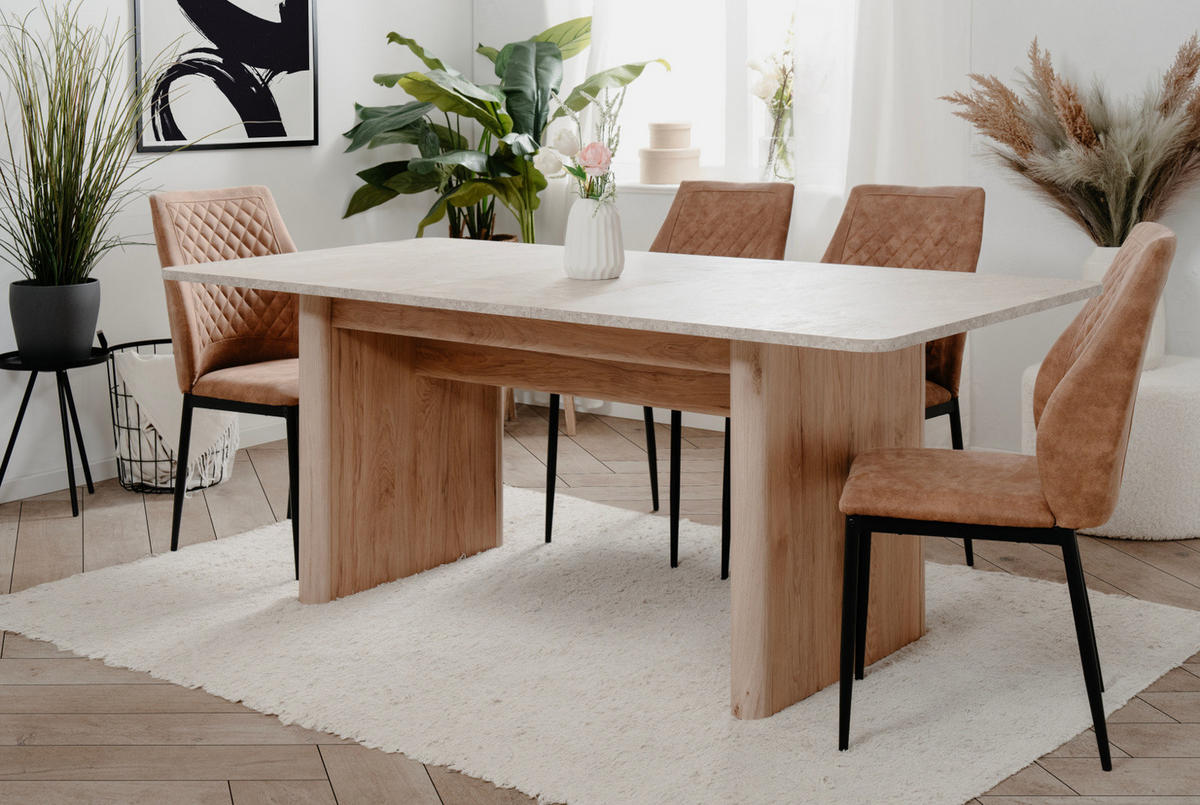 ESSTISCH Sandstein, Hickory Walnuss 160 - 200 cm, Küchentisch ausziehbar - Sandfarben/Walnussfarben, Holzwerkstoff/Metall (160/90/75cm) - Furn.Design