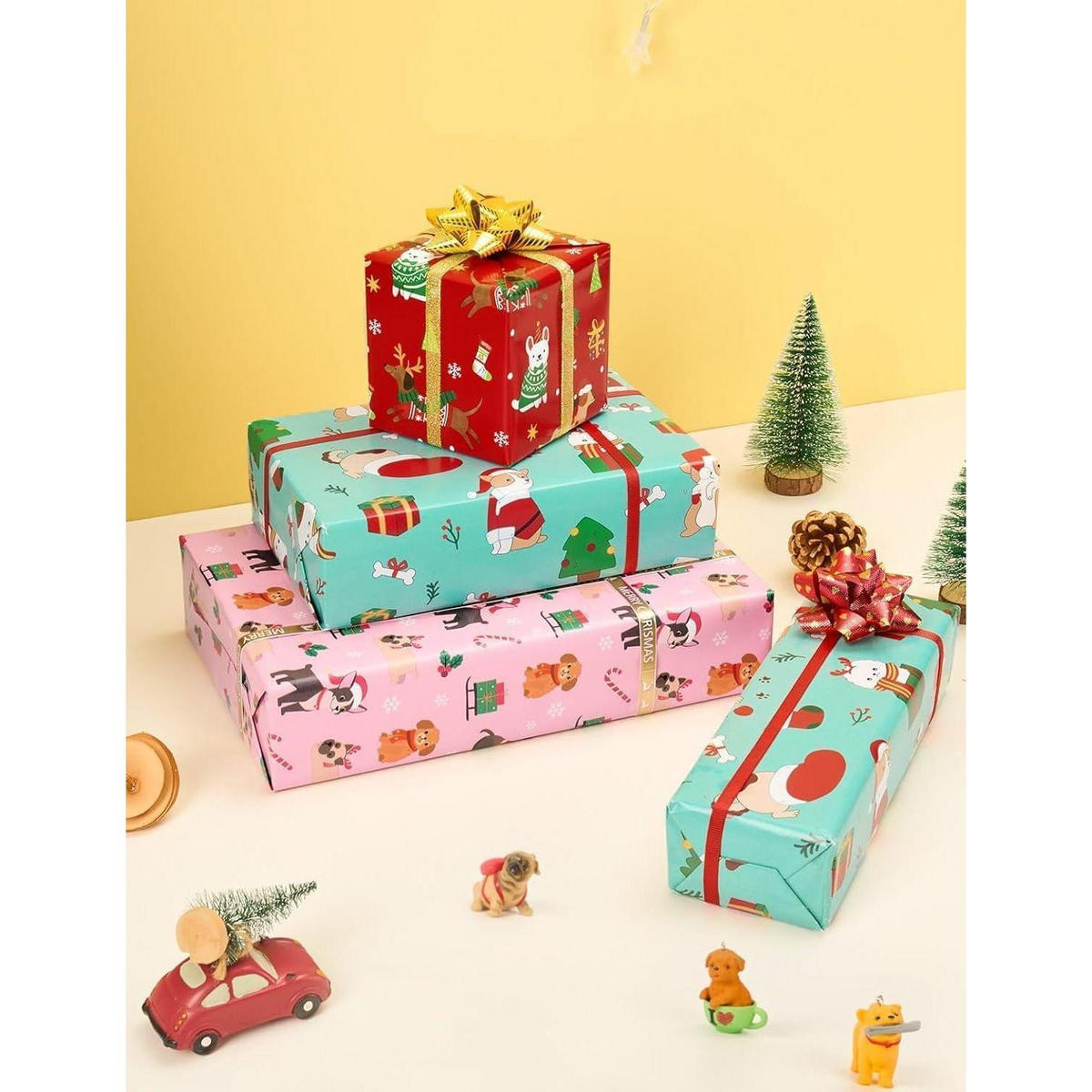 GESCHENKPAPIER 3 Rollen Set Weihnachtshunde 43 cm x 3 m - Multicolor, Papier (43/1/305cm)