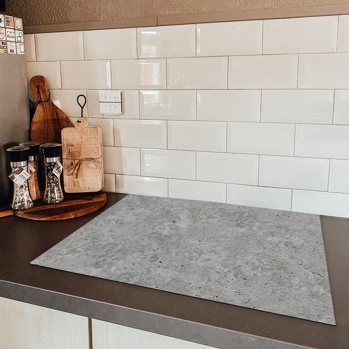 HERDABDECKPLATTE Beton - Schiefer - Grau - Struktur aus Beton Herdabdeckung Induktionsfeld 70x52 cm - Hellgrau, Kunststoff (70/52/0.2cm) - MuchoWow