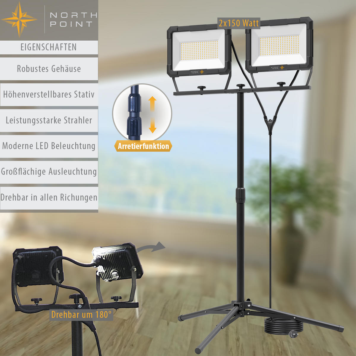 LED-DOPPELBAUSTRAHLER mit Stativ (2x150W, 2x12500 Lumen, 1,70m) - Schwarz, Metall (126/126/167cm) - Northpoint