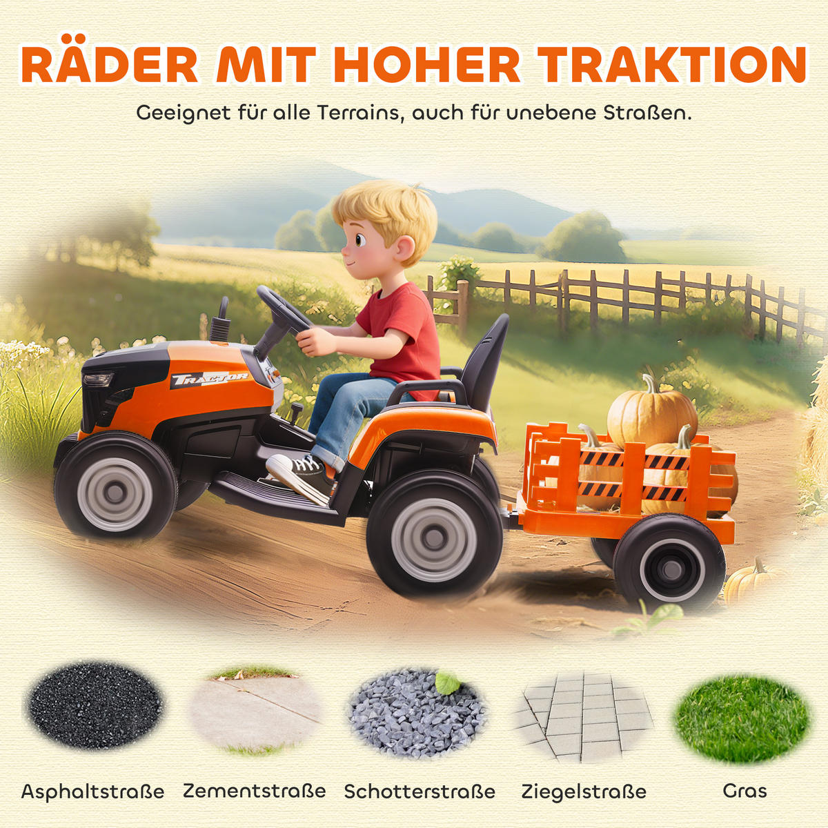KINDERTRAKTOR DE-06166 Aufsitz-Traktor mit Fernbedienung und Soft-Start Orange - Orange, Kunststoff/Metall (139/58/55cm) - ComfortXL