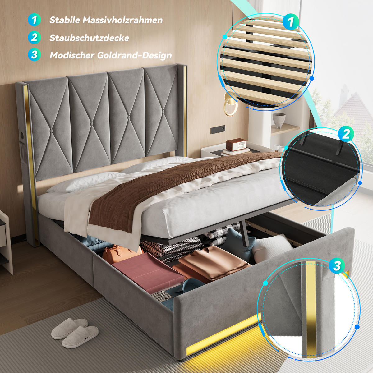 POLSTERBETT 160/200 cm in Dunkelgrau Samt mit Bettkasten, USB, LED und Seitentaschen - Dunkelgrau, Holzwerkstoff/Textil (160/200cm) - WISHDOR