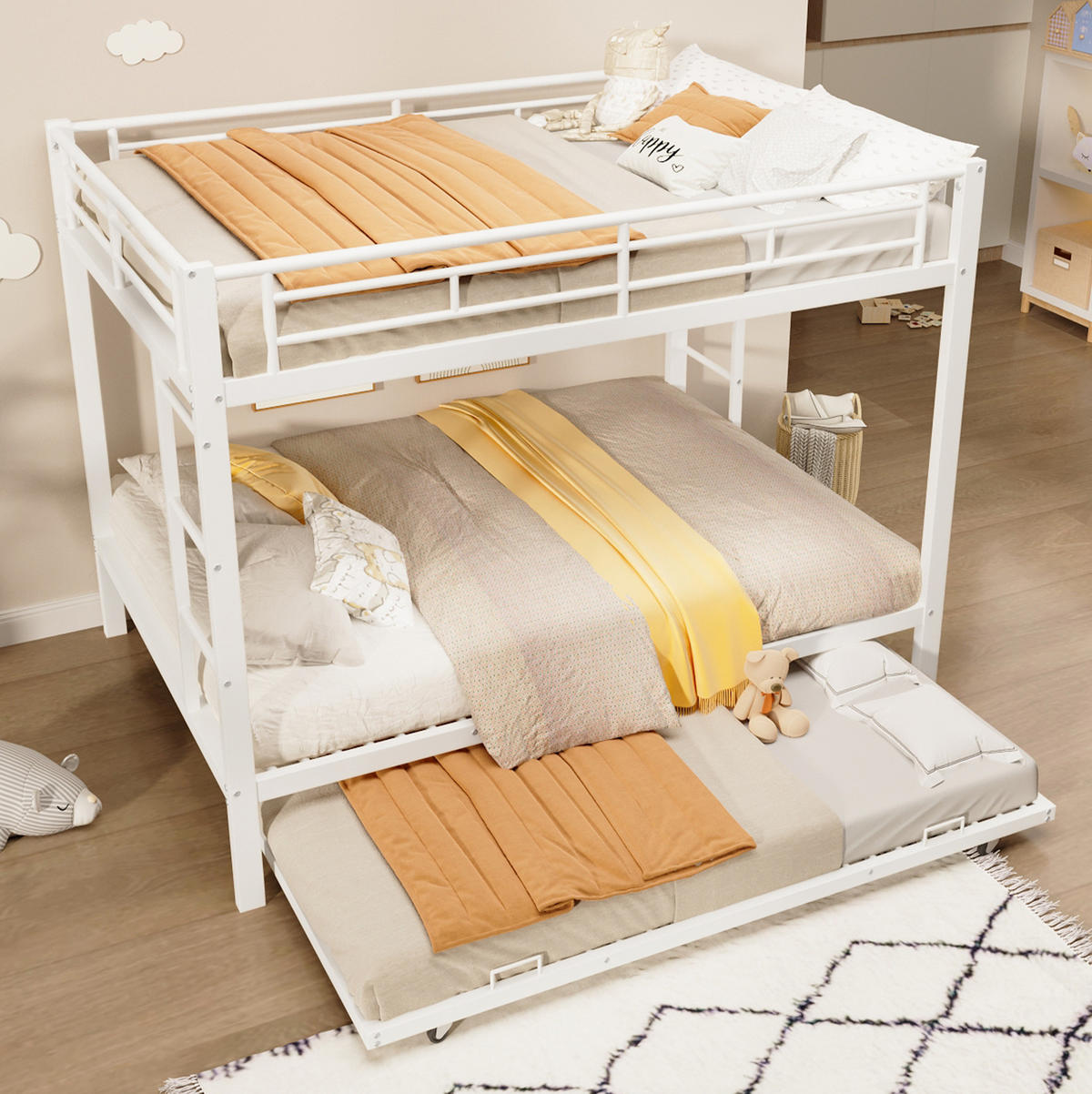 ETAGENBETT 140/200 cm mit Ausziehbett, hohem Geländer und Metallrahmen, Weiß - Weiß, Metall (140/200cm) - Redom