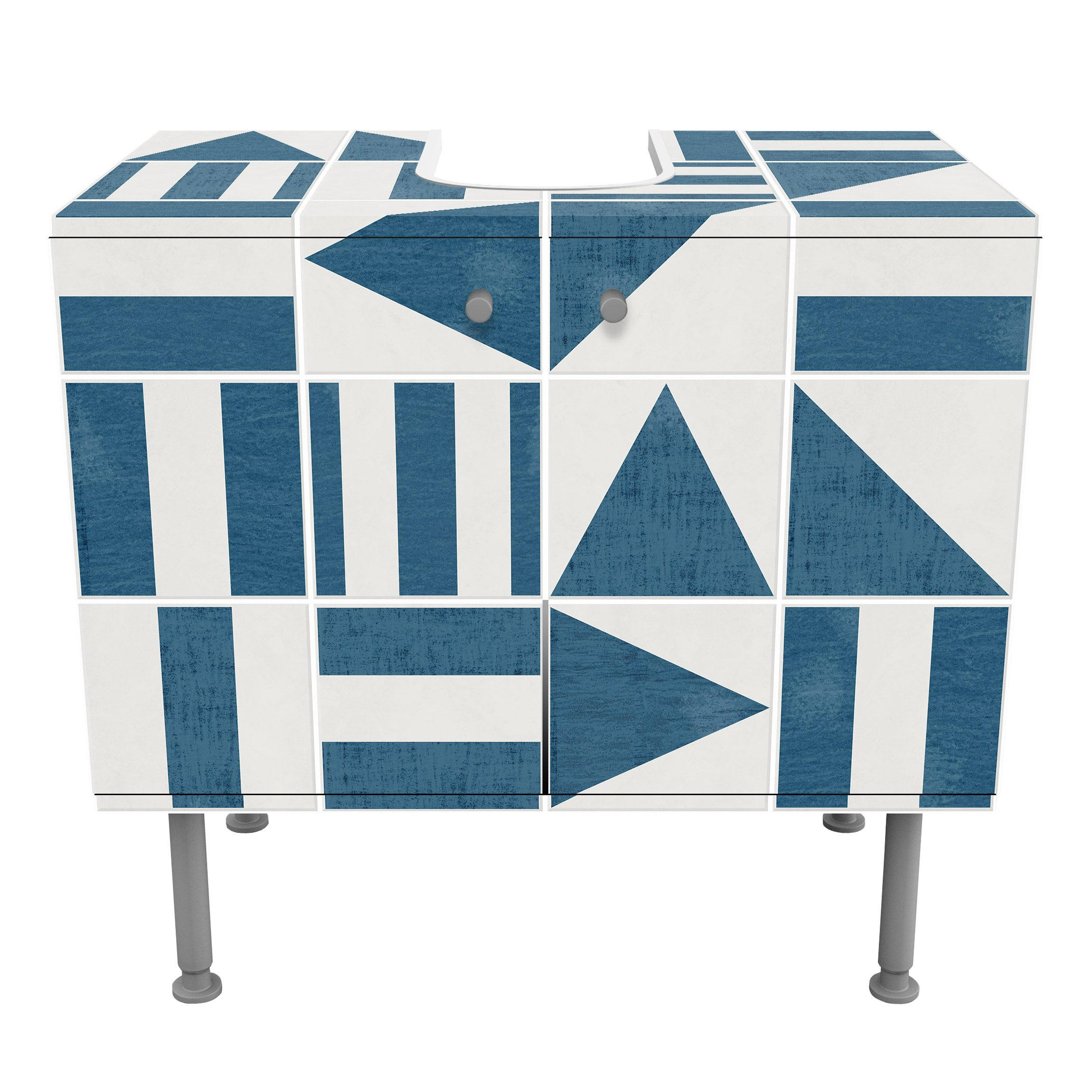 WASCHBECKENUNTERSCHRANK Fliesen mit geometrischen Formen Blau Shabby 60/55/35 cm - Blau, Holzwerkstoff (60/55/35cm) - Bilderwelten