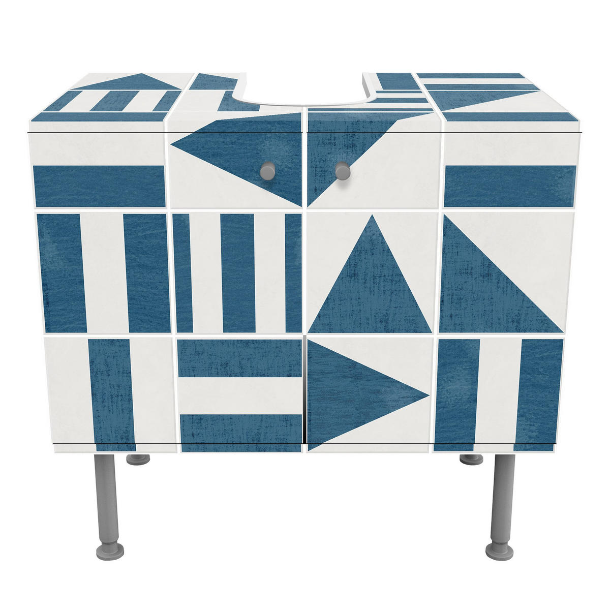 WASCHBECKENUNTERSCHRANK Fliesen mit geometrischen Formen Blau Shabby 60/55/35 cm - Blau, Holzwerkstoff (60/55/35cm) - Bilderwelten