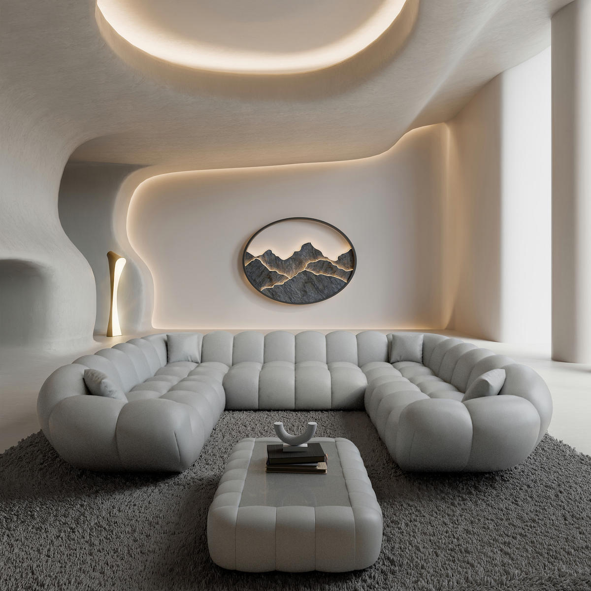 WOHNLANDSCHAFT Liva Hellgrau Kunstleder U-Form XXL Panorama - Hellgrau, Kunststoff (316/70/258cm) - VAROYAL