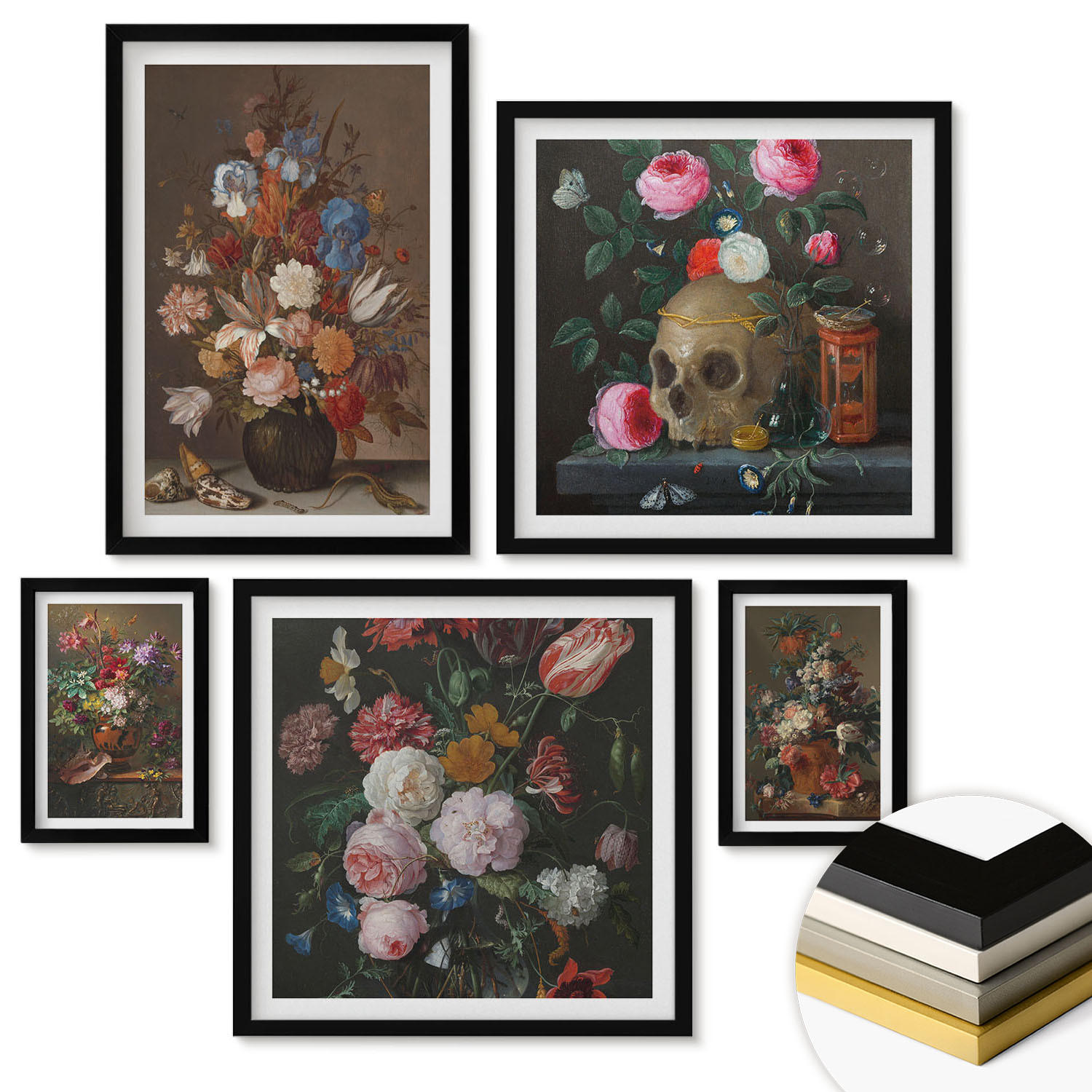 WANDBILDER 5er-Set - 50x50 cm & 20x30 cm & 40x60 cm Schwarzer Rahmen - Pfingstrosenporträt einer Frau für Zuhause - Schwarz, Kunststoff (40/60cm) - ArtPrintCave