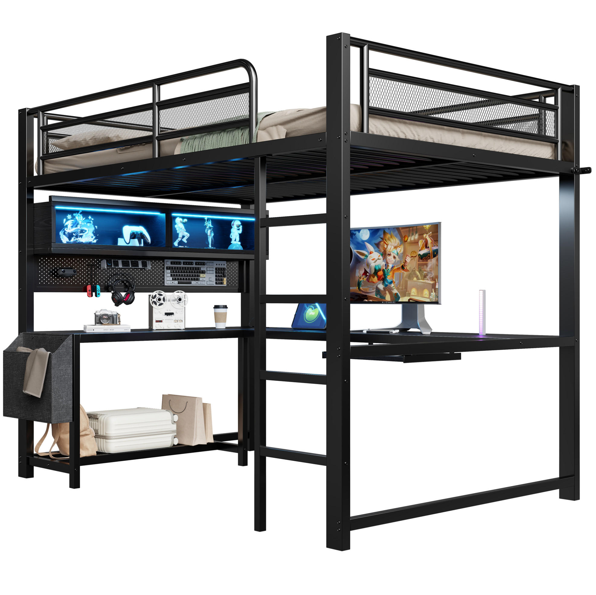 HOCHBETT 140/200 cm Schwarz mit Schreibtisch und LED - Schwarz, Metall (140/200cm) - MIVRAY