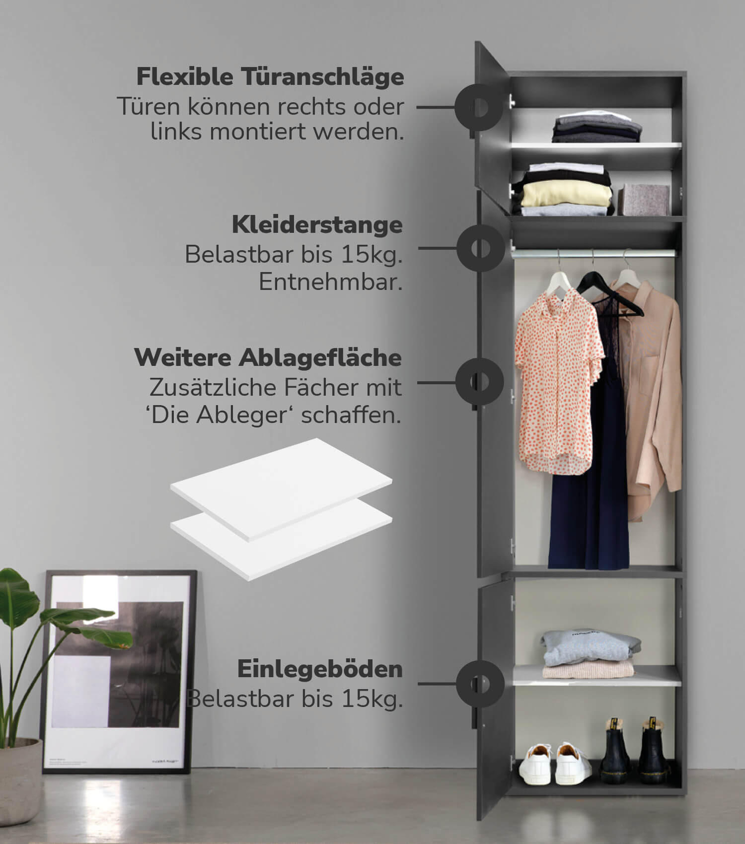 KLEIDERSCHRANK Der Grenzenlose - Anthrazit, Holzwerkstoff (60/234/58cm) - Mokebo