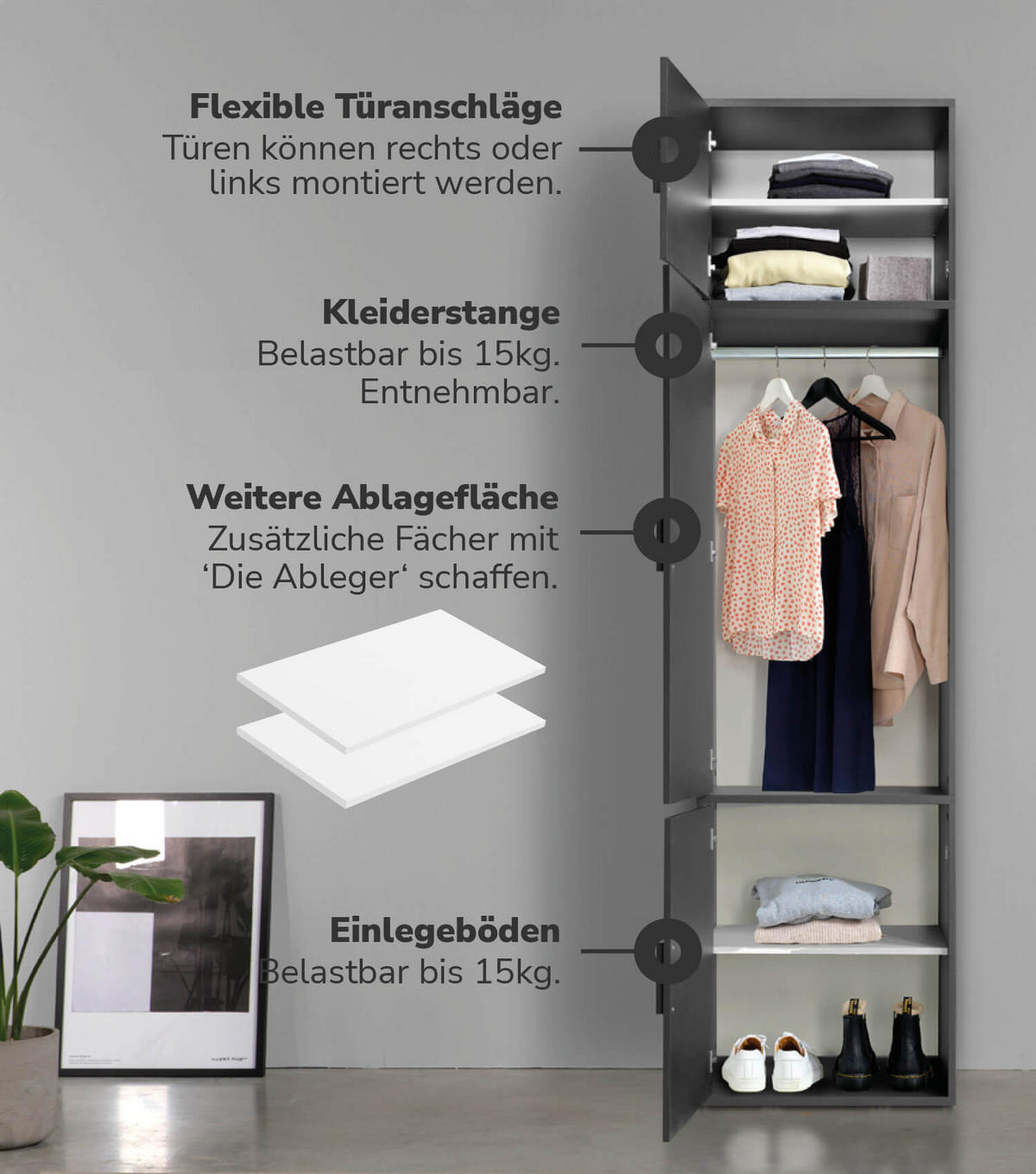 KLEIDERSCHRANK Der Grenzenlose - Anthrazit, Holzwerkstoff (60/234/58cm) - Mokebo