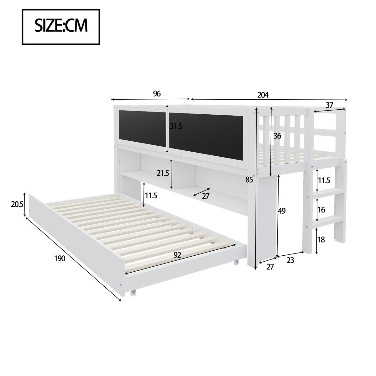KINDERBETT 90/200 cm ausziehbar mit Graffiti-Tafel und offenem Stauraum - Weiß, Holz (90/200cm) - OKWISH