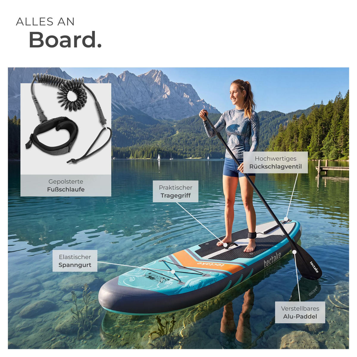 STAND-UP-PADDLE-BOARD 2in1 , 288 x 77 x 22,5 cm, türkis/orange - Türkis, Kunststoff (288/77/0.23cm) - tectake