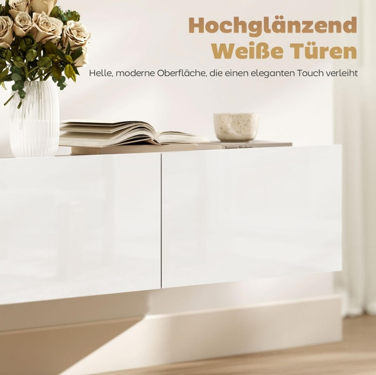 LOWBOARD 180 cm in Weiß zur Wandmontage mit 3 Klappen und Soft-Close - Weiß, Holzwerkstoff (180/29.8/31.5cm) - Flora Grace