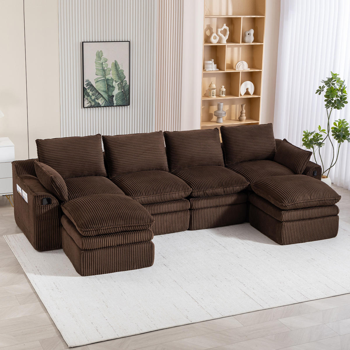 WOHNLANDSCHAFT Cord Braun mit Kissen, Seitentaschen und Hocker - Braun, Textil (335/85/167cm) - WISHDOR