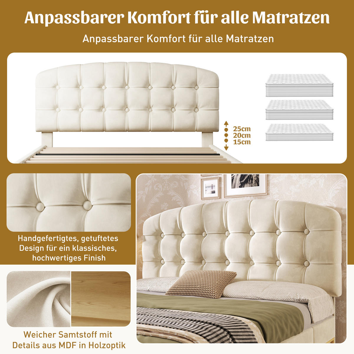 POLSTERBETT 140/190 cm in Beige mit Schubladen, Regal und Stauraum Samt - Beige, Holzwerkstoff/Textil (140/190cm) - STILVORA