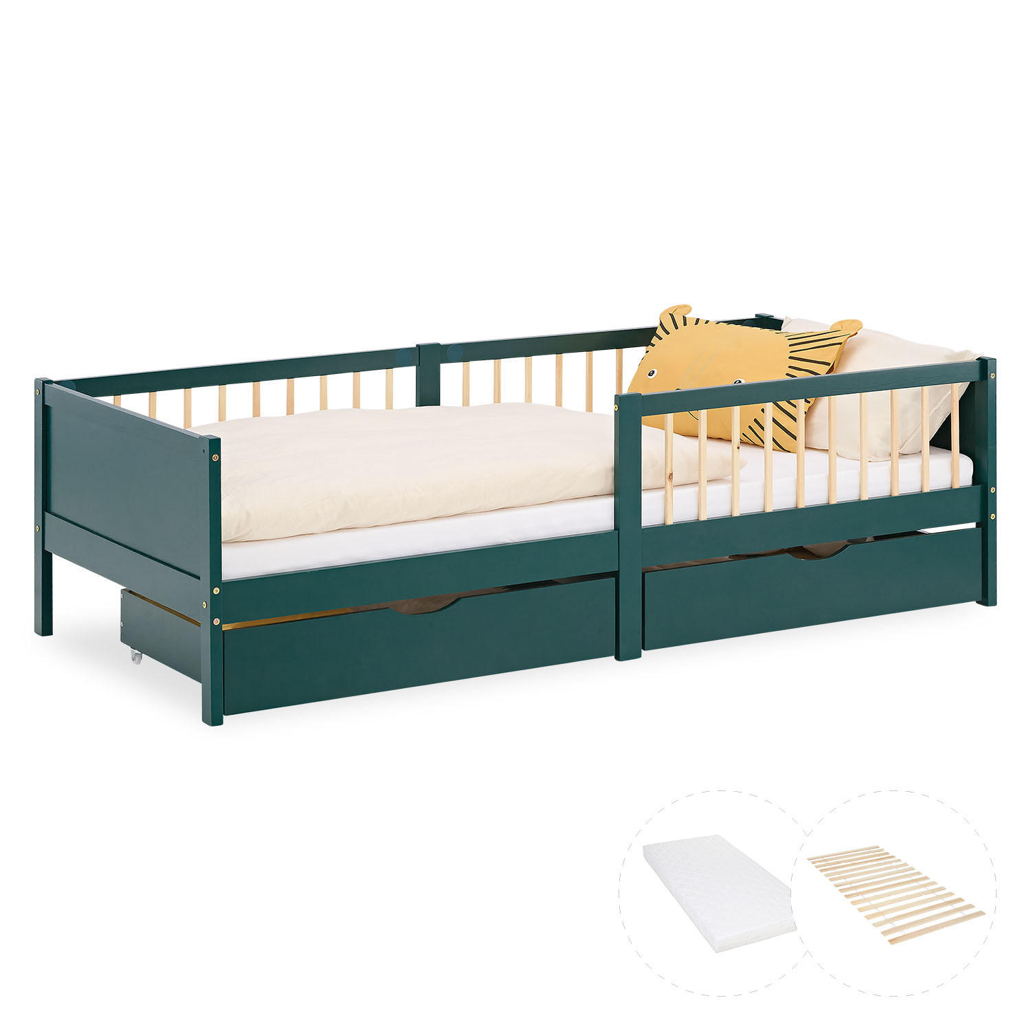 KINDERBETT Grün 90/200 Matratze 2 Bettkästen Rausfallschutz - Grün, Holz (90/200cm) - Homestyle4u