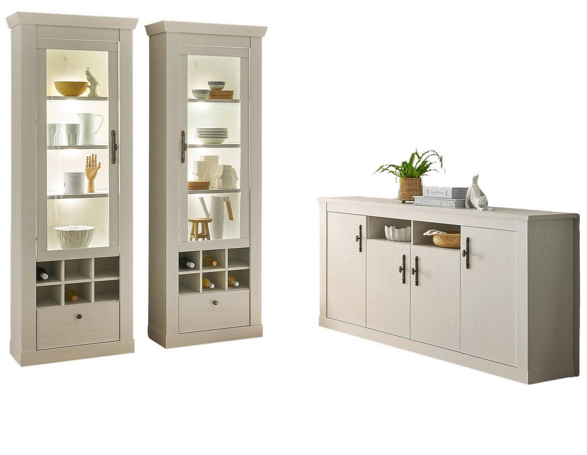 ESSZIMMER-SET Esszimmer Set 3-teilig weiß Pinie Landhaus, Soft-Close-Funktion - Silberfarben/Weiß, Glas/Holzwerkstoff (364/201/45cm) - Furn.Design