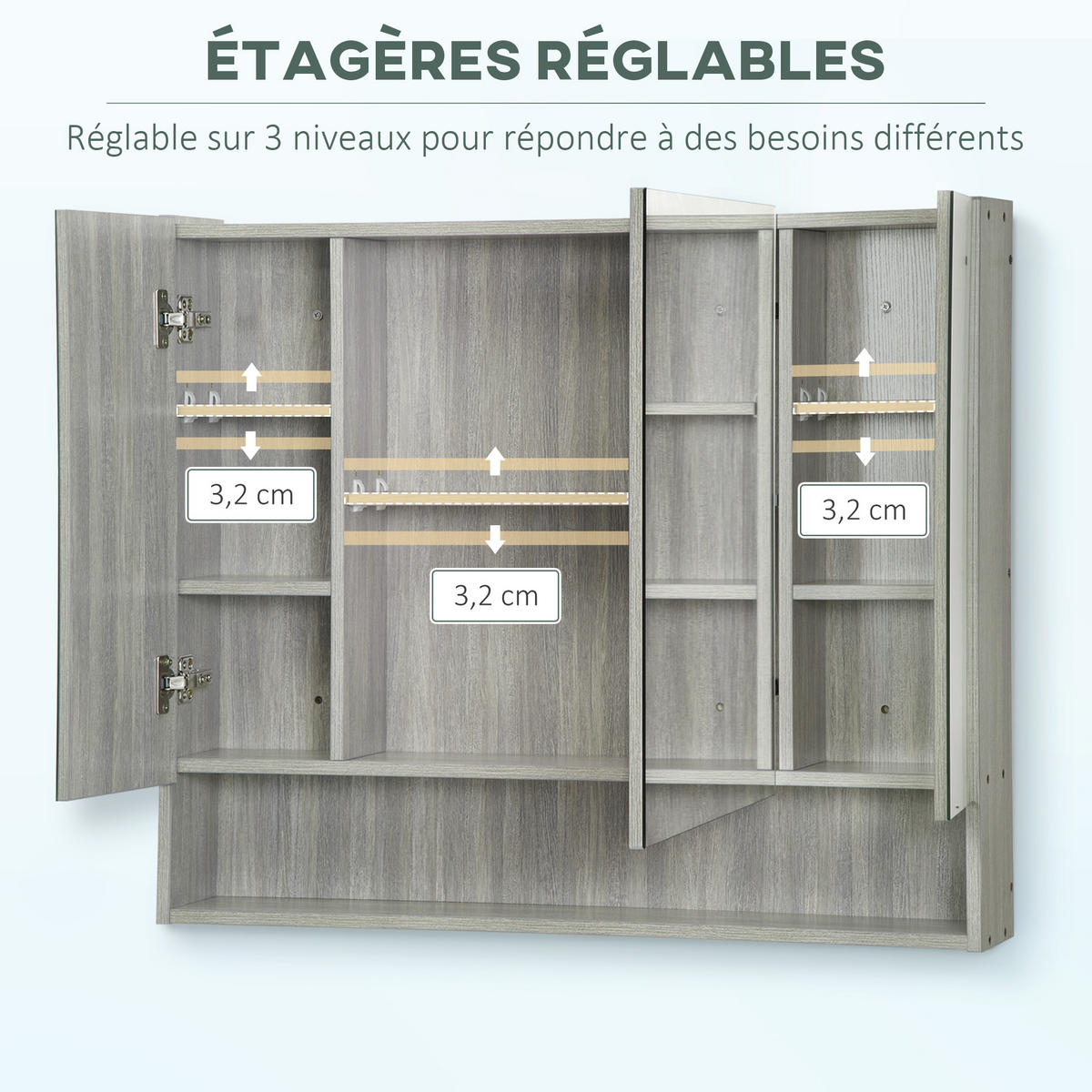 SPIEGELSCHRANK, 3-türiger Spiegelschrank, verstellbare Einlegeböden, 90 x 15 x 75 cm ,grau - Grau, Glas (90/75/15cm) - Vallsero