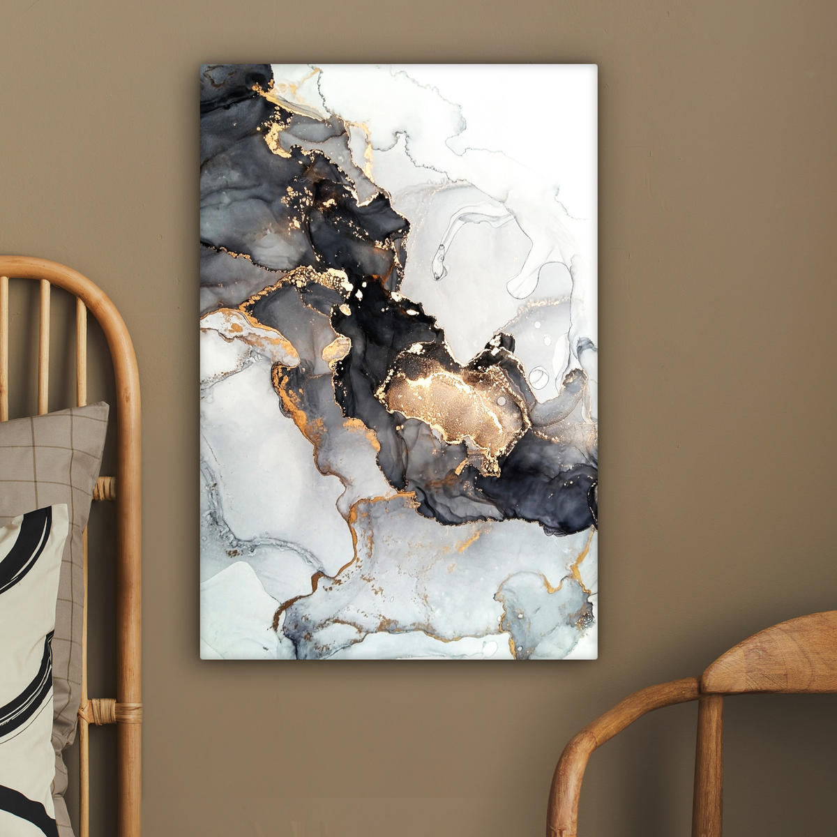 LEINWANDBILD Marmor - Schwarz - Weiß - Gold - Luxus - Abstrakt 60x90 cm - Goldfarben, Textil (60/90cm) - MuchoWow