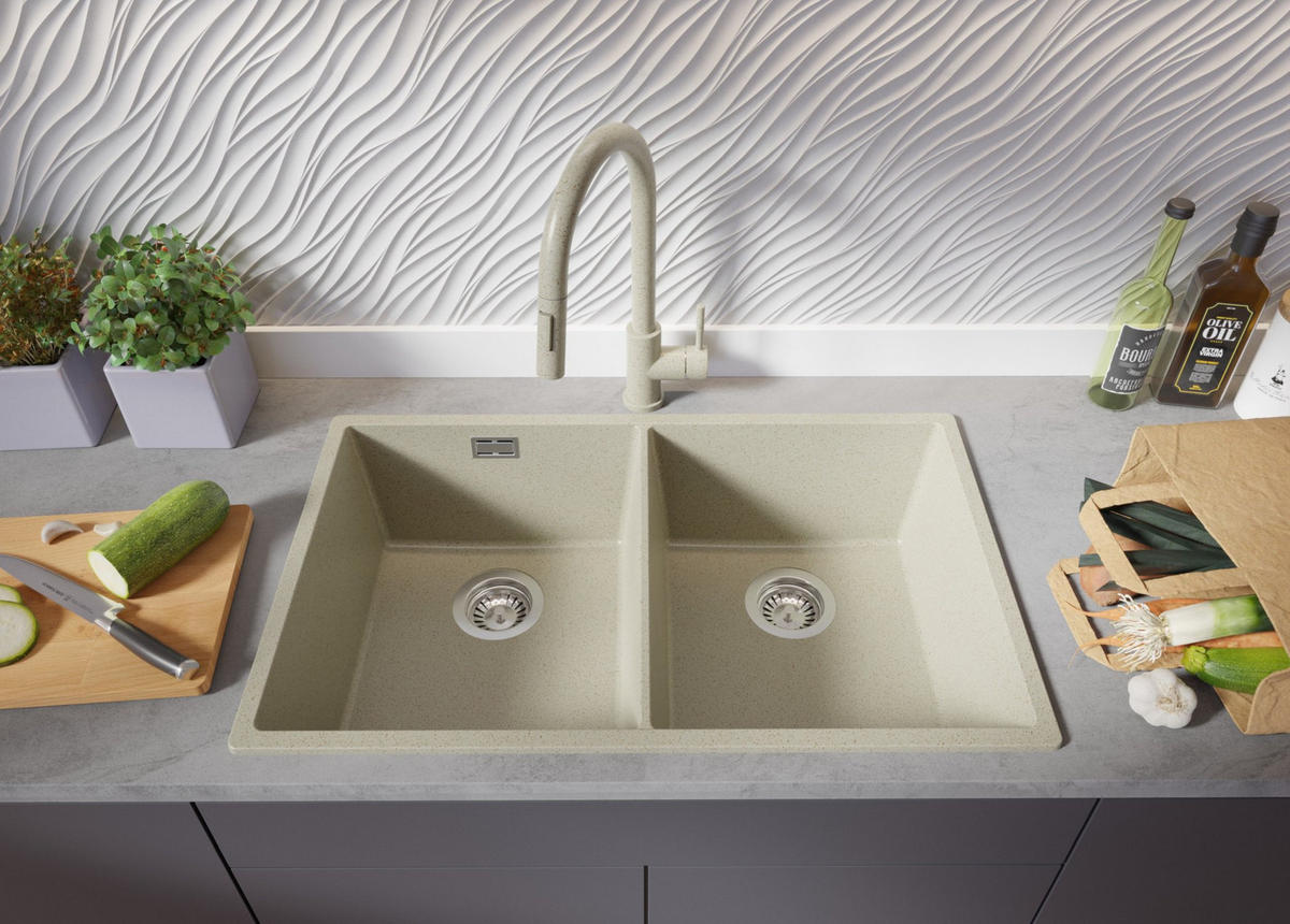 GRANITSPÜLE London Slim Twin, 2-er set Beige 76/47 cm 2 Becken + Küchenarmatur 38/14 cm + Ablauf-Set ab 80er Unterschrank - Chromfarben/Beige, Kunststoff (76/20/47cm) - Primagran