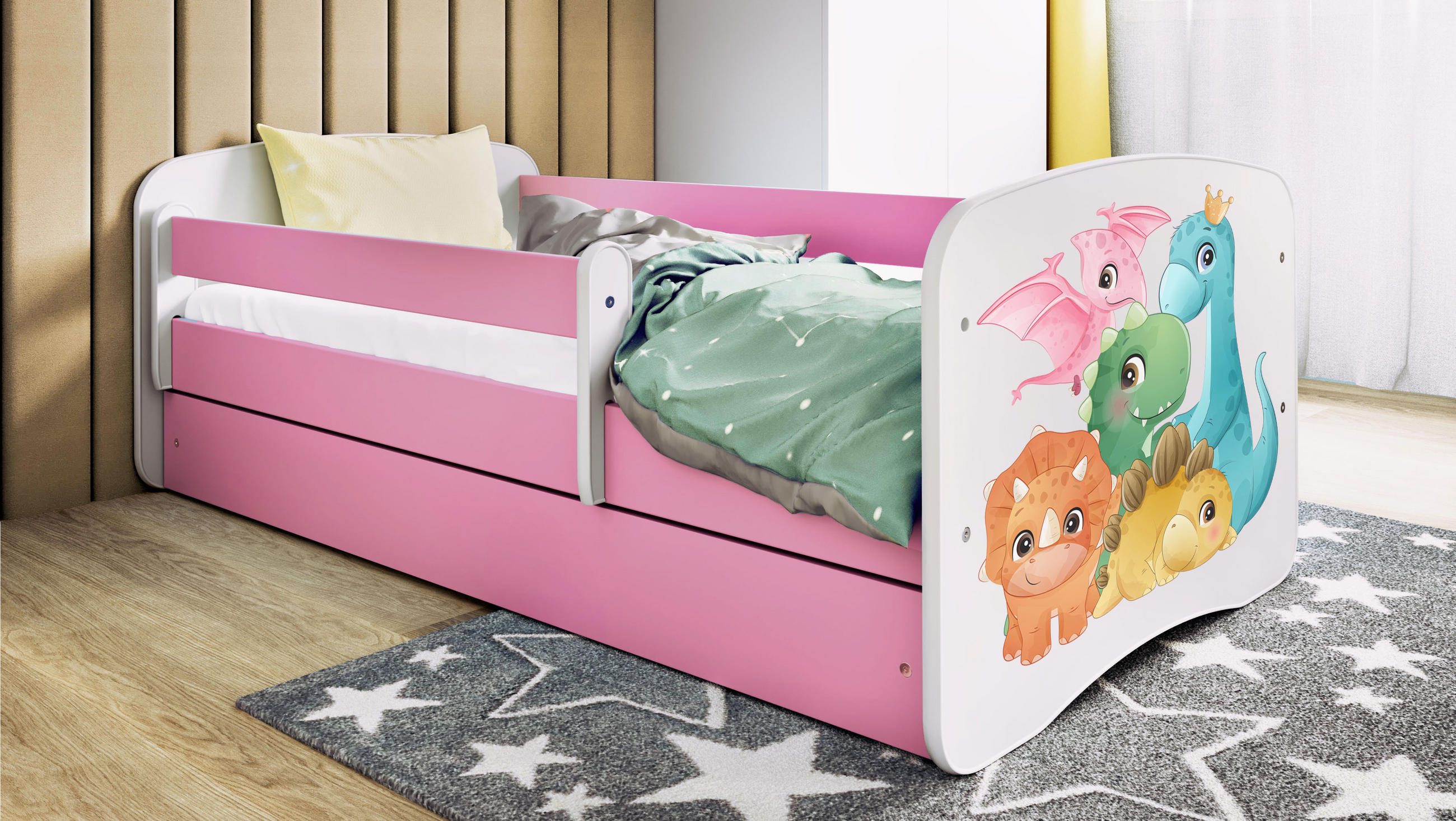 KINDERBETT Dino mit Schublade 140/70 80/61/144 - Rosa, Holzwerkstoff (80/140cm) - RAUMHIRSCH FURNITURE