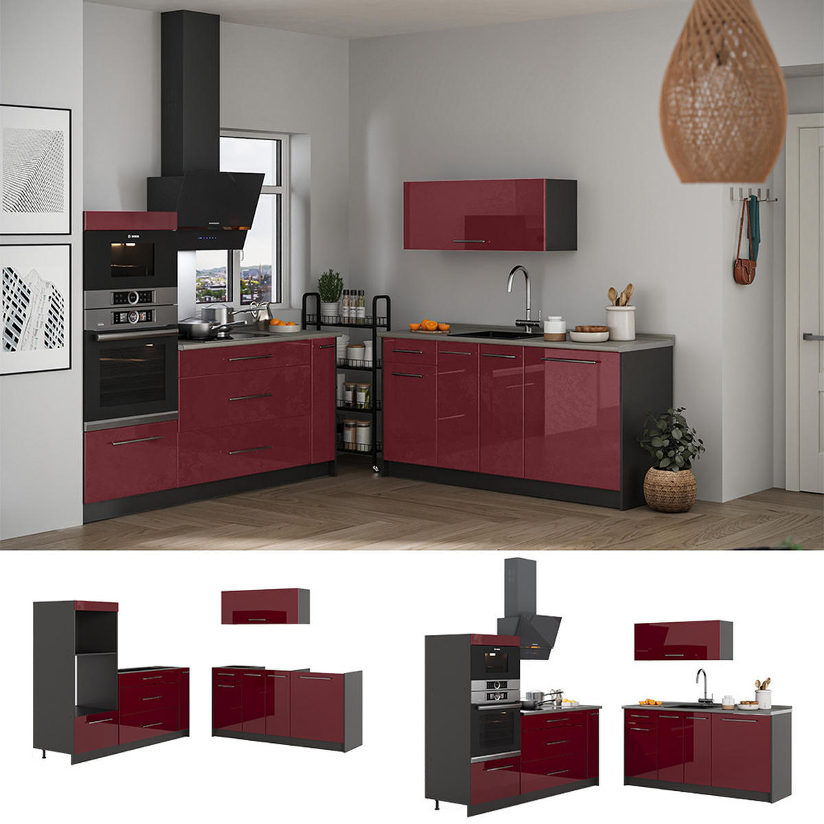 KUCHYNĚ Fame-Line, Bordó červená vysoký lesk/Antracit, 340 cm, PD Mramor - bordeaux/antracitová, kompozitní dřevo (340/153.6/60cm) - Vicco