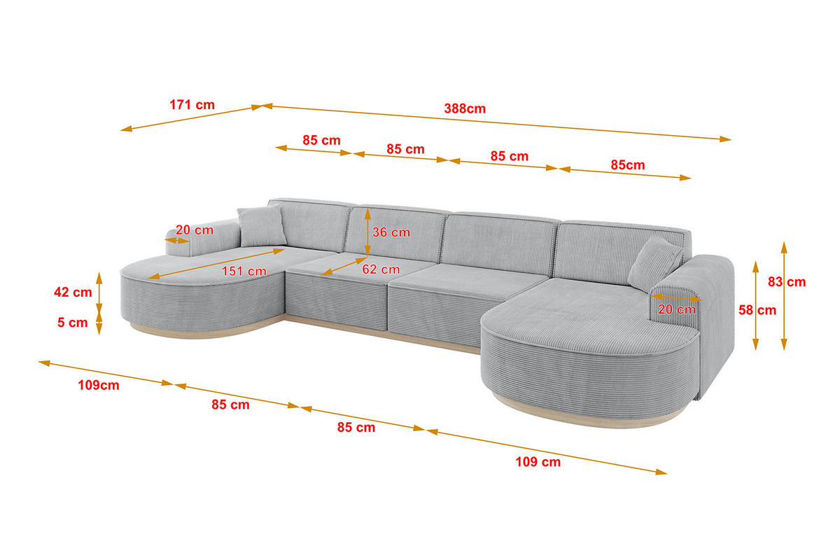 WOHNLANDSCHAFT MARI-U2-v1 - 388x171x83 cm Grau Cord - Grau, Holzwerkstoff/Textil (388/83/171cm) - ALTDECOR