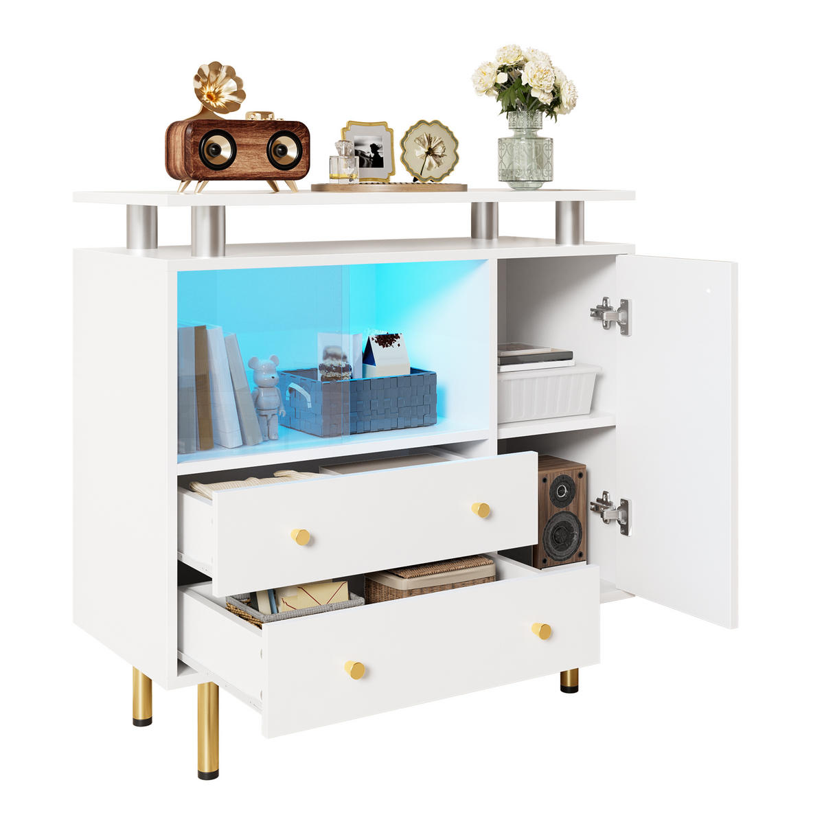 SIDEBOARD DE-37958 mit LED-Beleuchtung und 2 Glastüren Weiß - Weiß, Holzwerkstoff (80/80/35cm) - ComfortXL