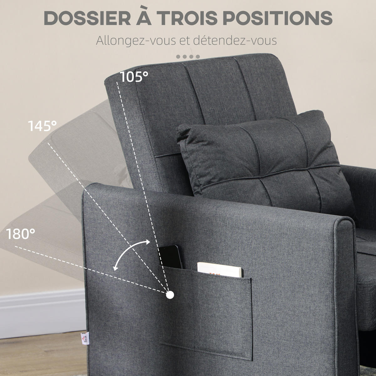 SCHLAFSESSEL 3-in-1 DE-14606 mit 3-fach verstellbarer Rückenlehne Grau - Grau, Metall (69/85/82cm) - ComfortXL