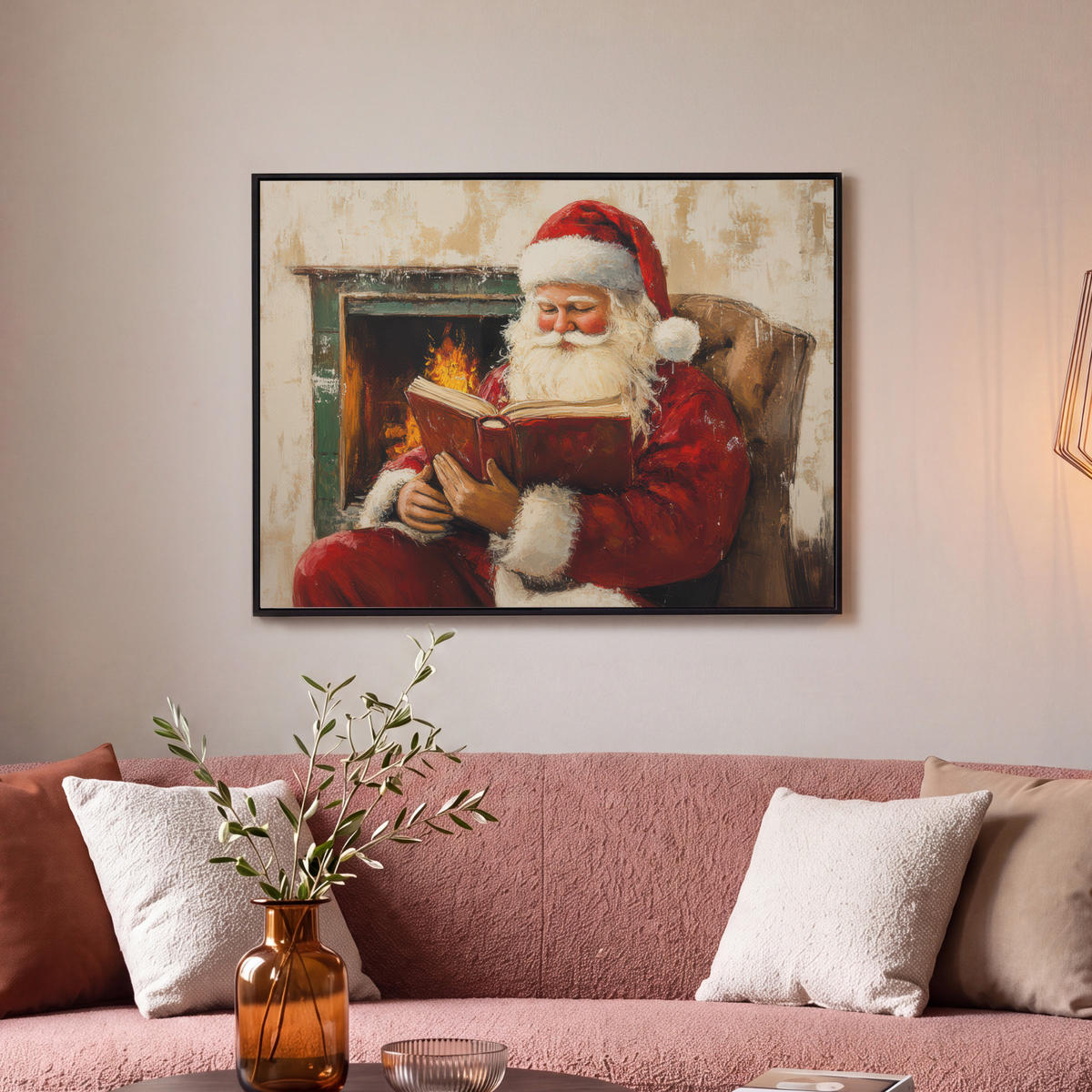 LEINWAND Bilder mit Rahmen - Weihnachten - Weihnachtsmann - Winter - Open Fireside - 80x60 - Dunkelrot, Textil (80/60cm) - MuchoWow