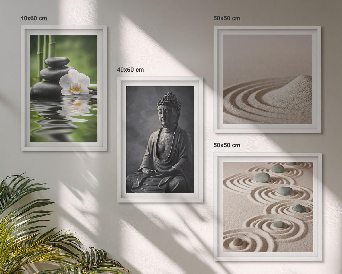 WANDBILDER 4er-Set - 50x50 cm & 40x60 cm Weißer Rahmen - Ein entspannter Buddha am Strand - Weiß, Kunststoff (50/50cm) - ArtPrintCave