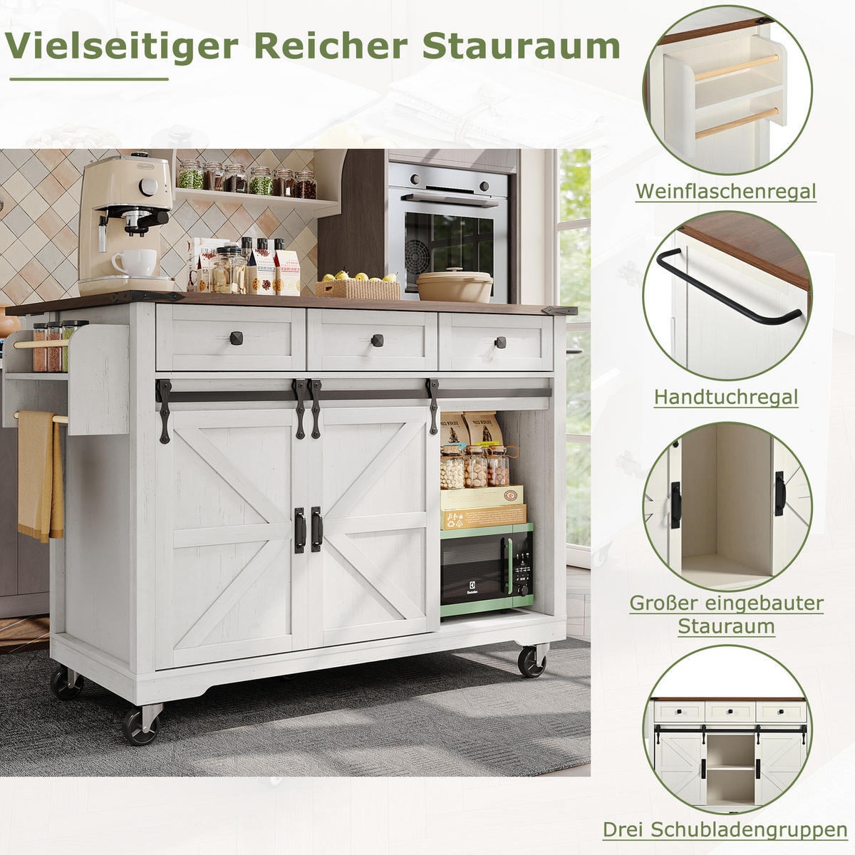 KÜCHENINSEL 140x73x94cm Weiß mit Klappplatte,Schiebetüren & 5 Rädern - Weiß, Holzwerkstoff (140/94/73cm) - Modfu