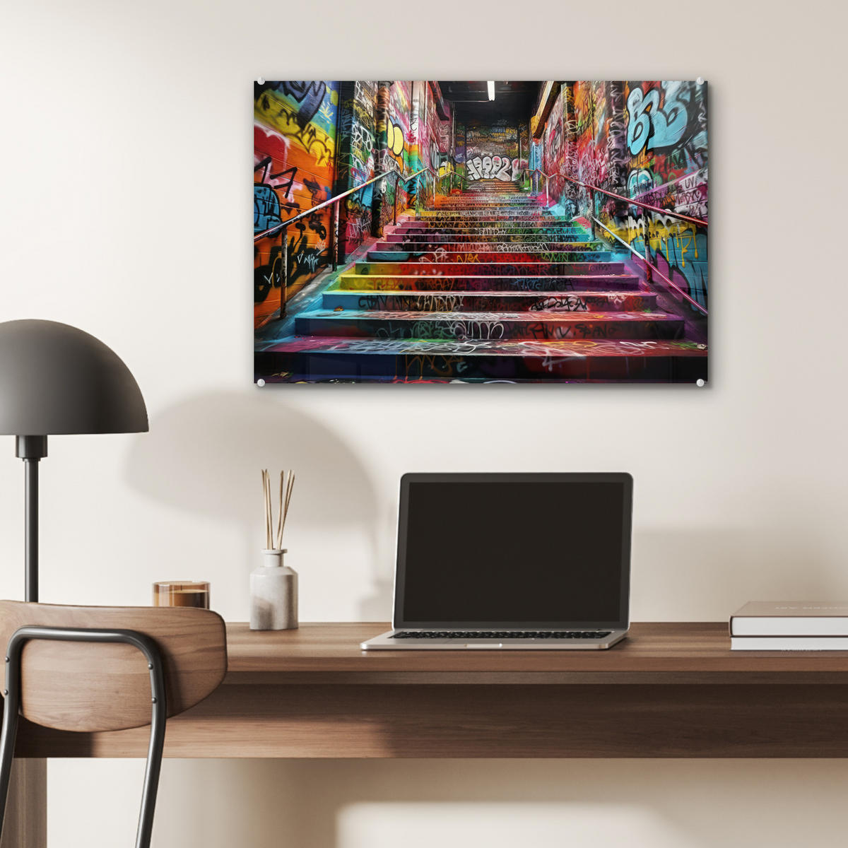 ACRYLGLASBILD Treppe - Graffiti - Farben - Kunst 60x40 cm - Multicolor, Glas (60/40cm) - MuchoWow