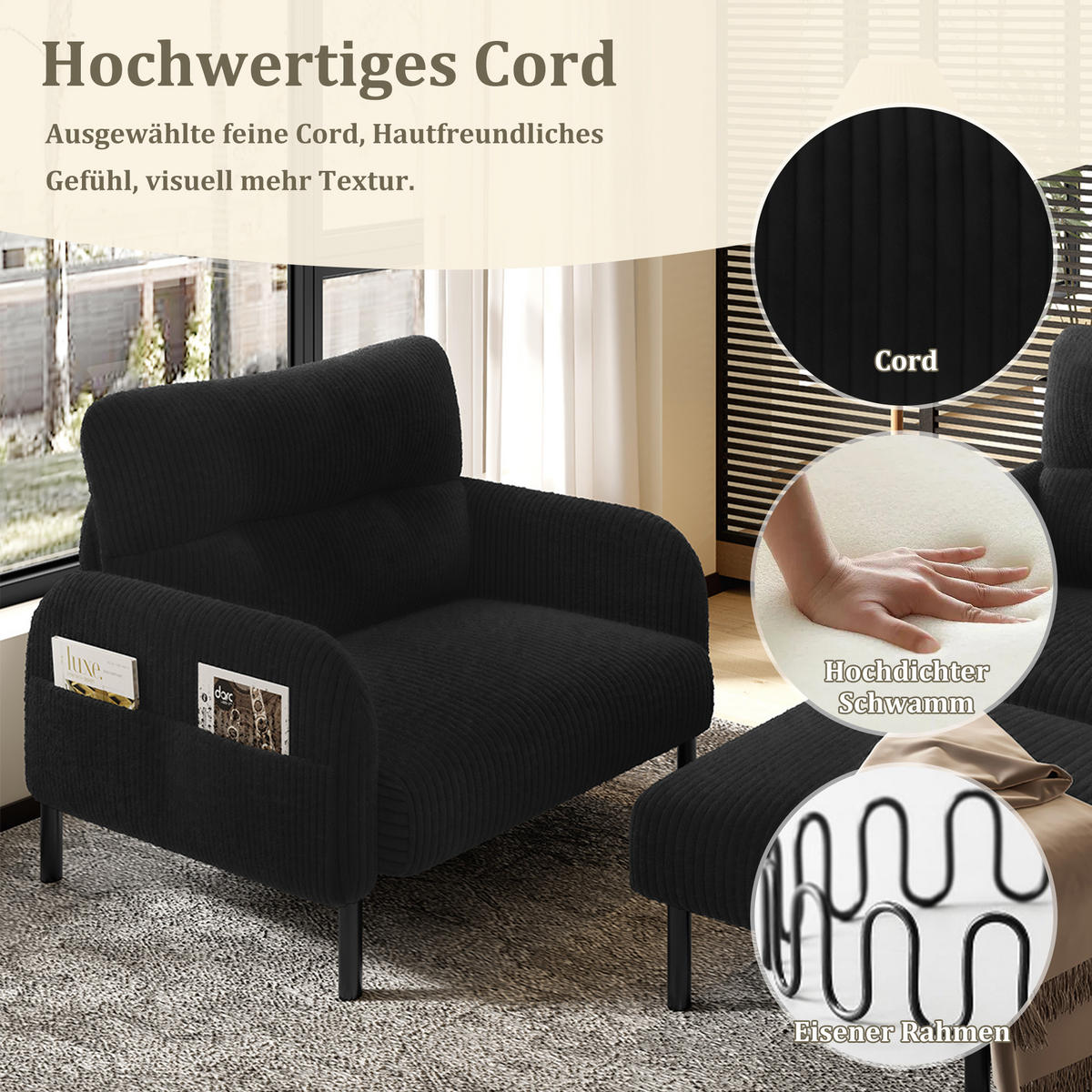 SOFA Set, 2-Sitzer+Sessel+Hocker, Cord, Schwarz - Schwarz, Textil/Metall (120/79/75cm) - LVHOM