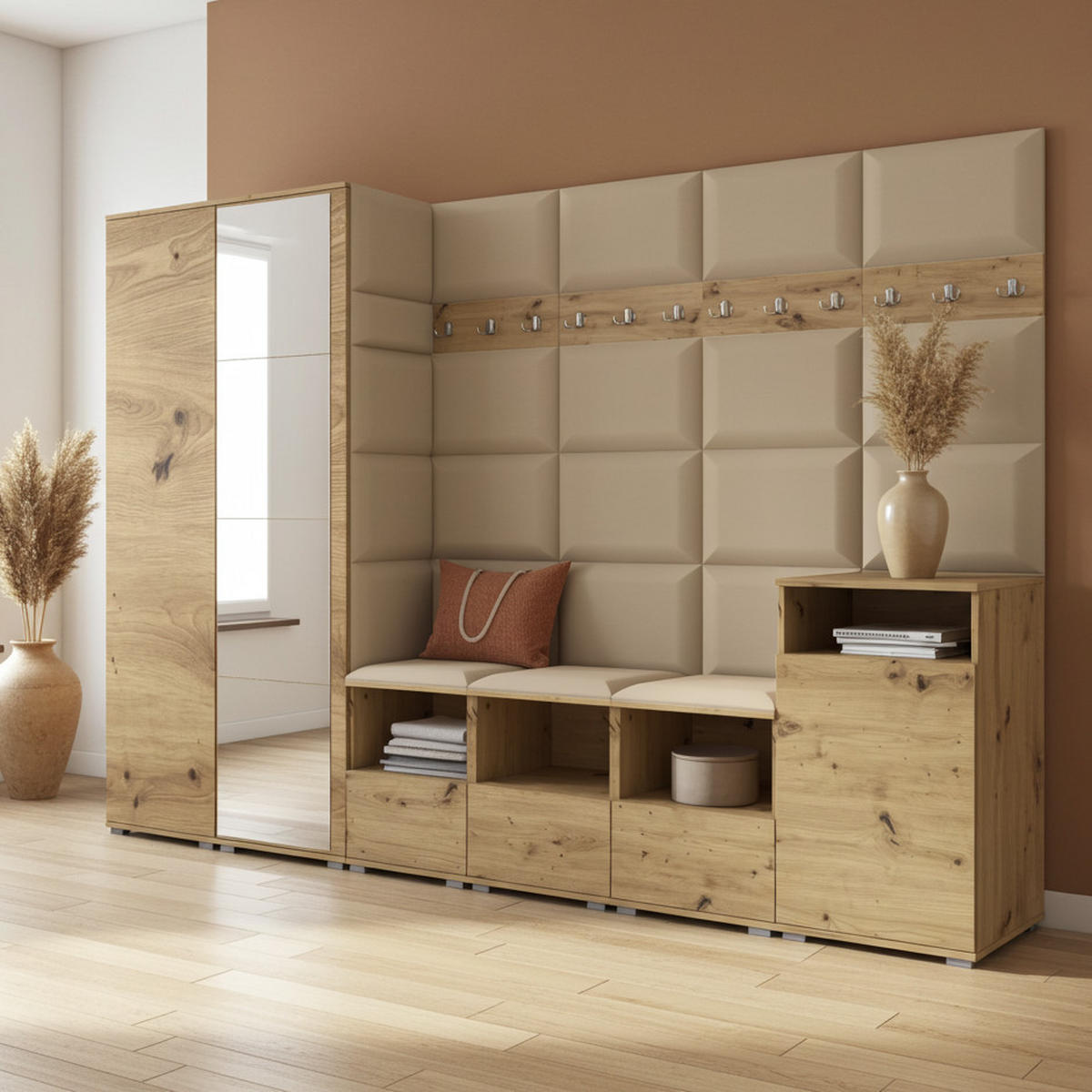GARDEROBE NELA XII 300 cm (Modulare Flurmöbel Artisan Eiche mit Spiegel & Sitzpolster Beige 04 Gigantisches Set) - Beige/Silberfarben, Holz/Holzwerkstoff (300/187/40cm) - Ravio