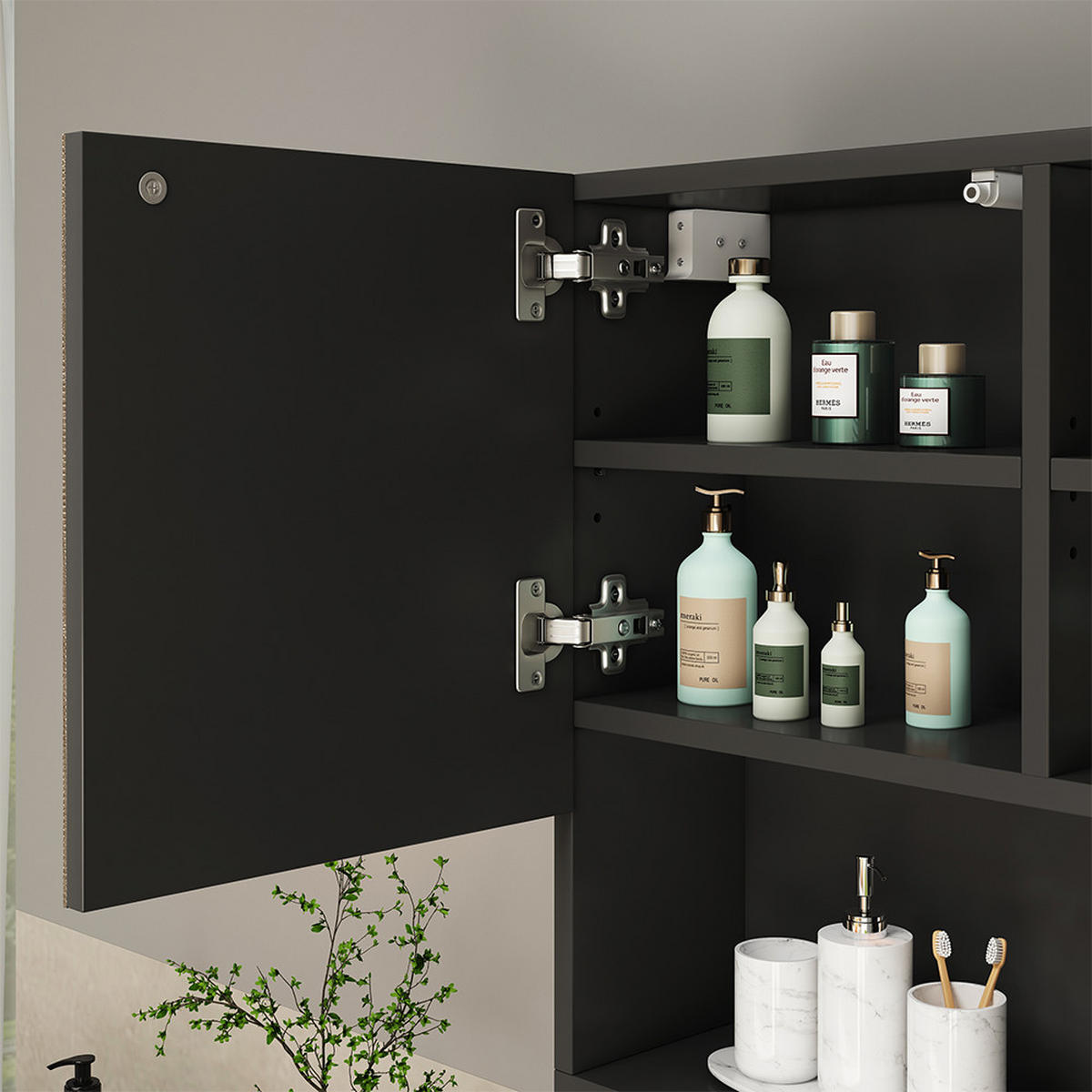BADSPIEGELSCHRANK Edge Schwarz 54 x 55 cm mit Tür und offenen Fächern - Schwarz, Holzwerkstoff (54/55/17cm) - Vicco