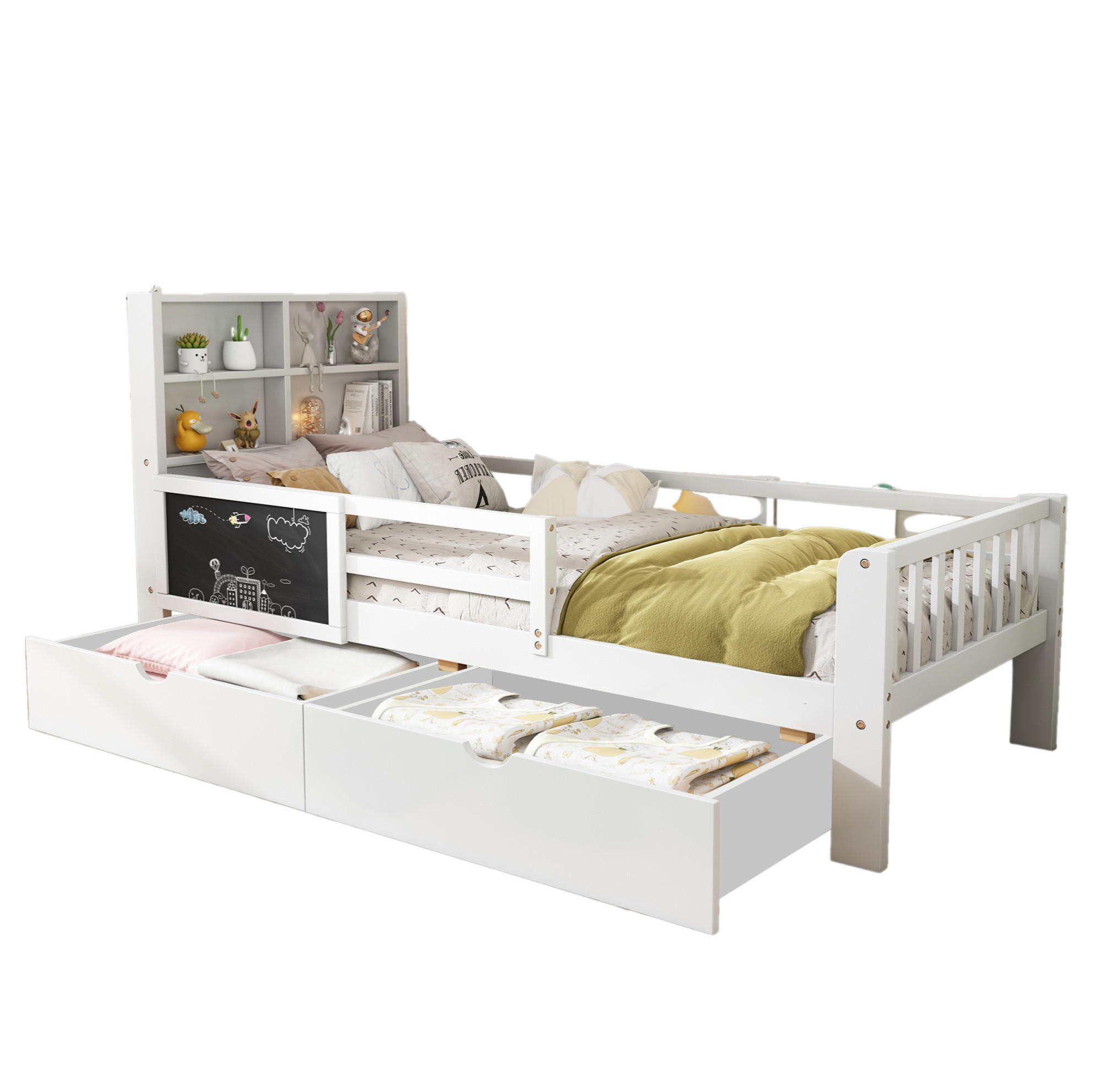 OKWISH DĚTSKÁ postel 90/200 cm bílá z masivního dřeva a MDF s tabulkou, úložnými šuplíky a bez matrace