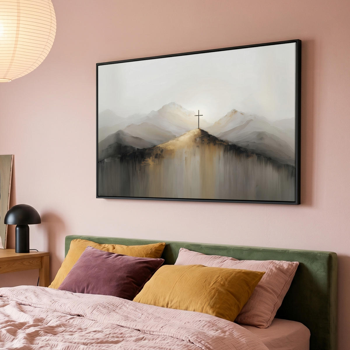 LEINWAND Bilder mit Rahmen - Hügel - Abstrakt - Kreuz - Christentum - 140x90 - Beige, Textil (140/90cm) - MuchoWow