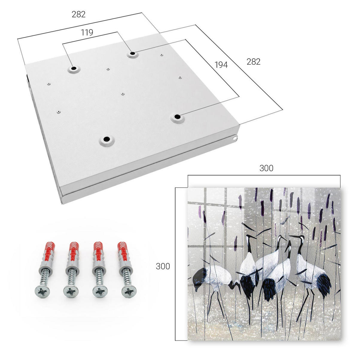 SCHLÜSSELBOX Weiß 30x30 cm – Türöffnung nach rechts - Kraniche und Schilf - Grau, Metall (30/30/5cm) - TULUP