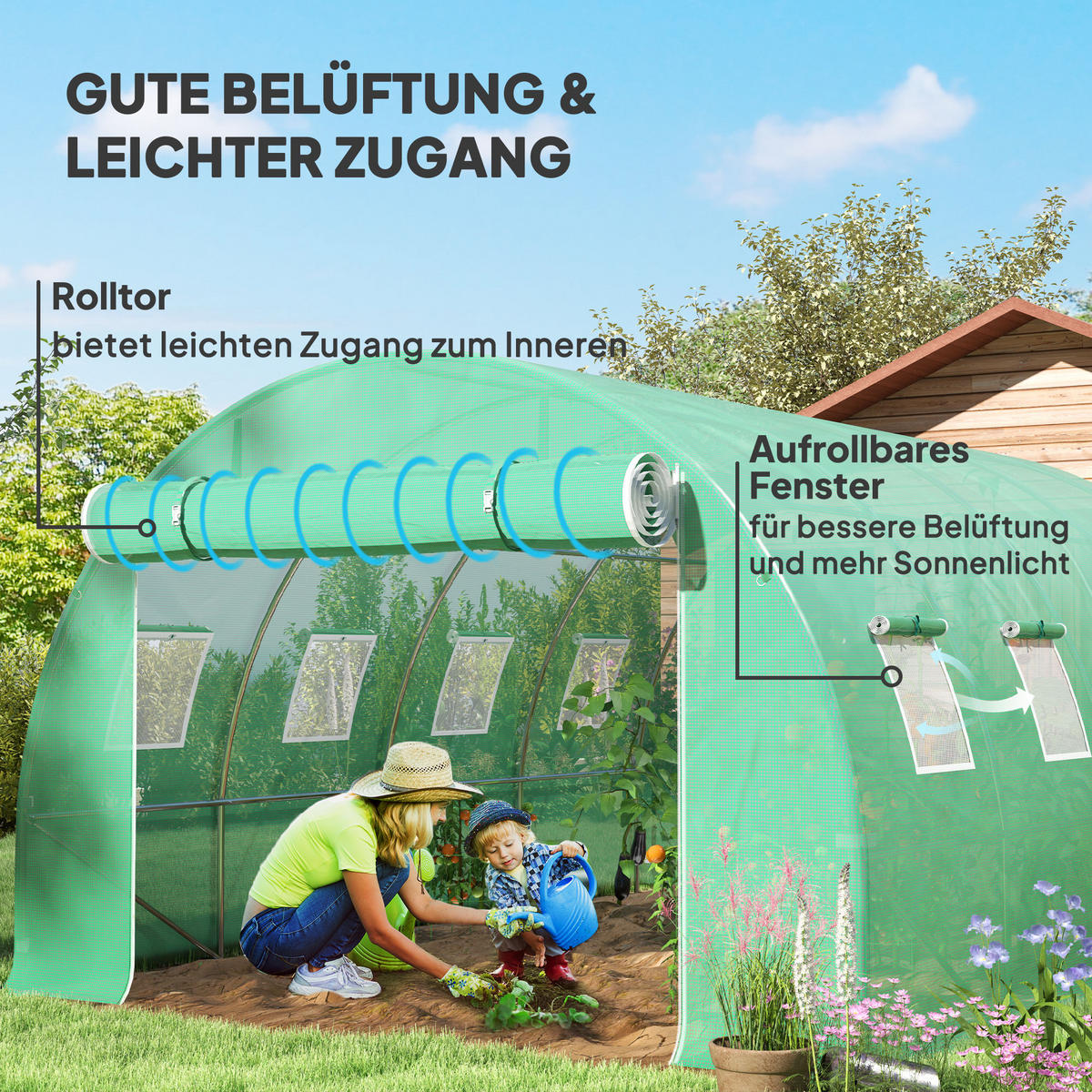 GEWÄCHSHAUSFOLIE 3 x 4 m, wasserdicht Polyethylenfolie mit Rolltür, 8 Fenster - Grün, Kunststoff (300/200/400cm) - Outsunny