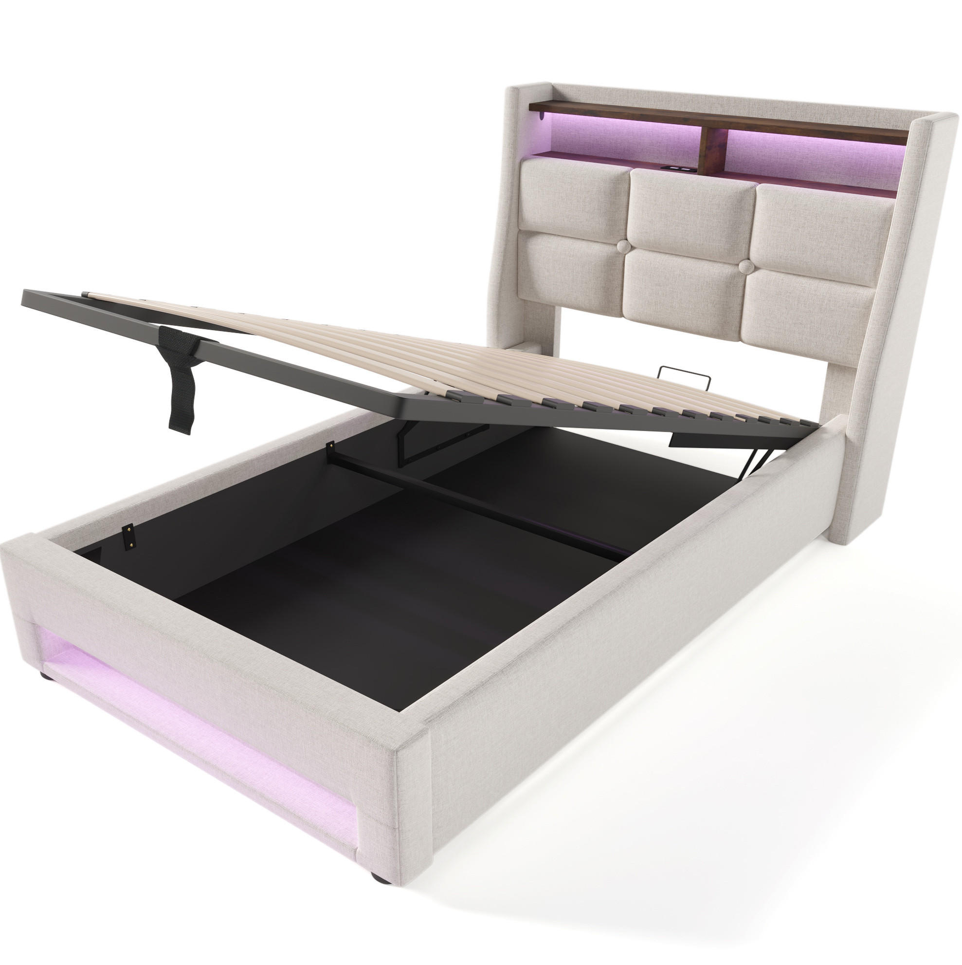 POLSTERBETT 90/200 cm mit LED-Beleuchtung, USB-Anschluss, Bettkasten und Matratze, Beige - Beige, Textil (90/90cm) - Redom