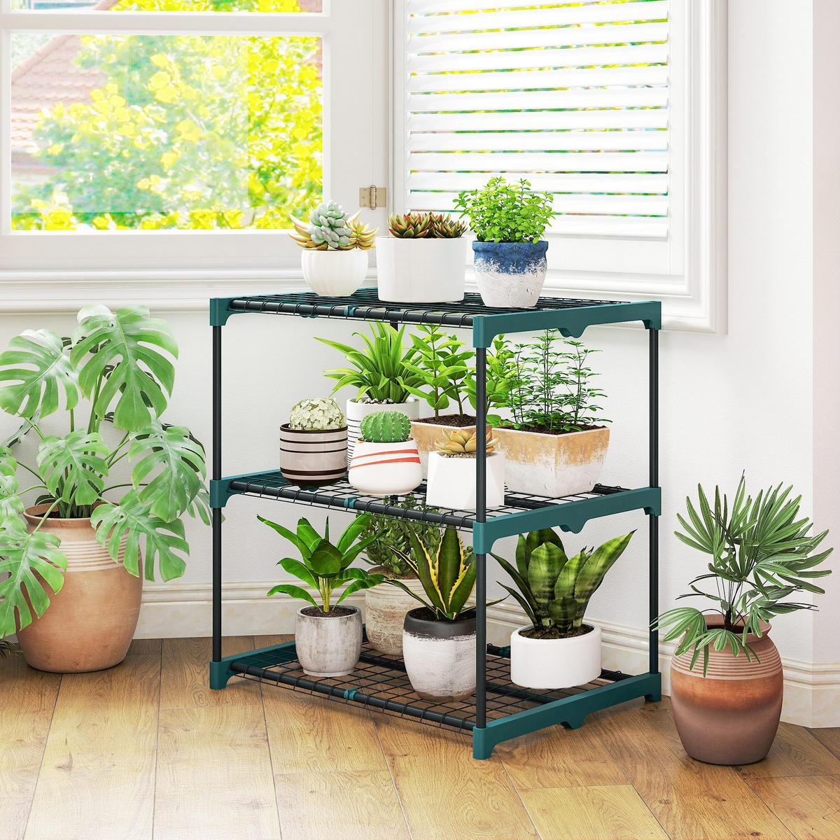 3-ETAGEN Pflanzenständer, 72 cm hoch Blumenständer für Innen Außen, Dunkelgrün - Dunkelgrün, Metall (49/72/68cm) - Outsunny