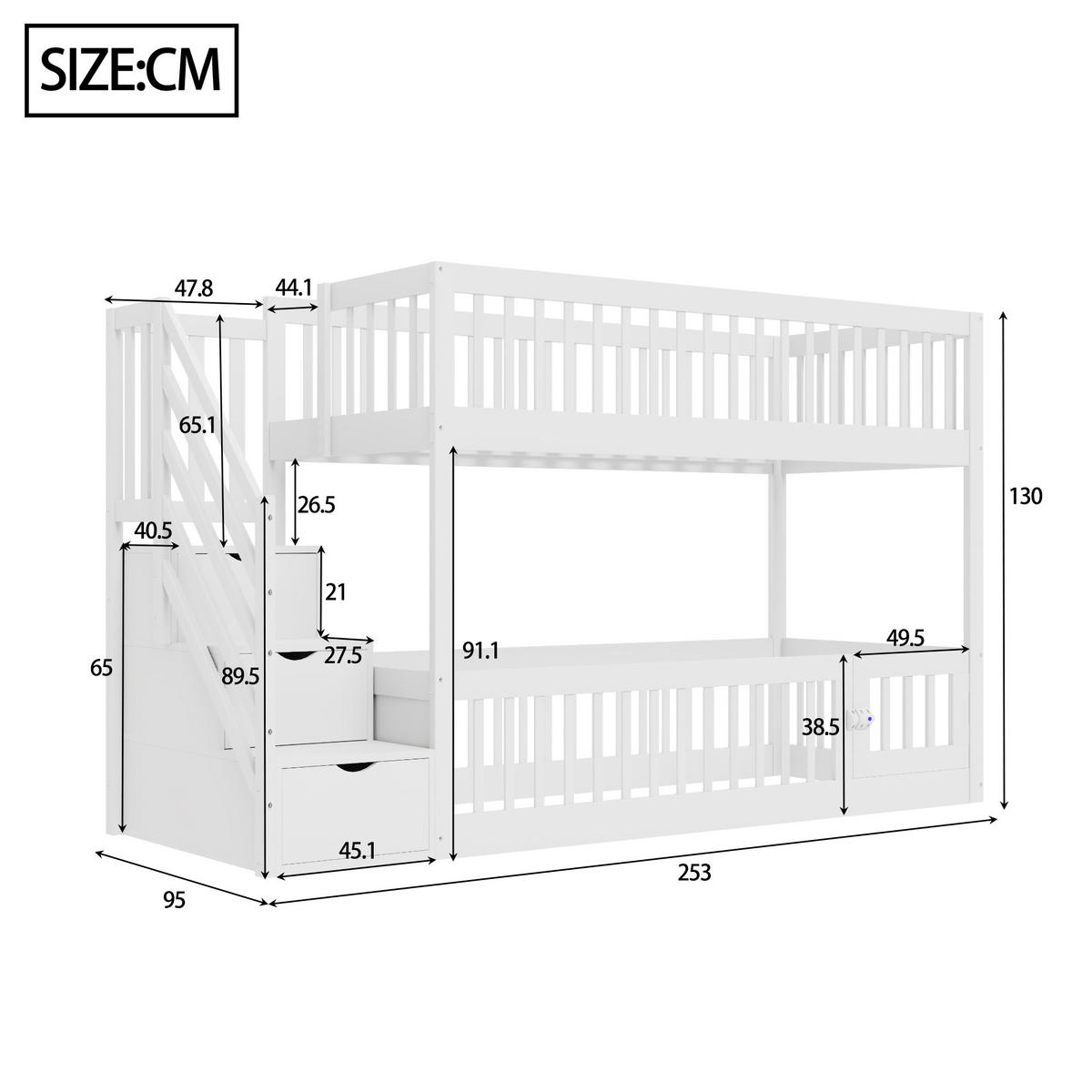 ETAGENBETT 90/200 cm mit Stauraumtreppe, Schubladen und Spielbereich, Weiß - Weiß, Holzwerkstoff (90/200cm) - Redom