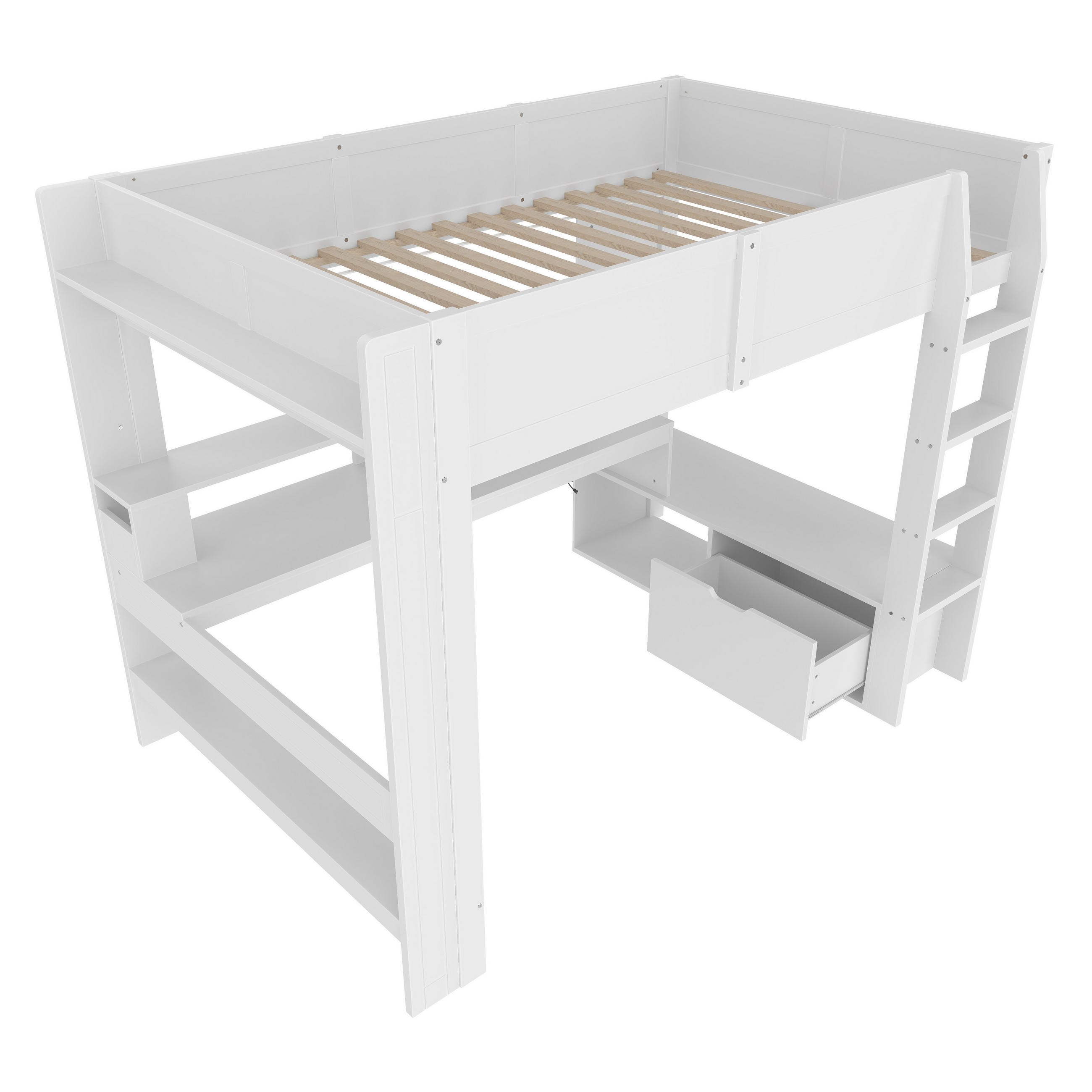 HOCHBETT 140/200 cm DE-04535, mit LED, Schreibtisch, Schublade und Regalen in Weiß - Weiß, Holz/Holzwerkstoff (140/200cm) - ComfortXL