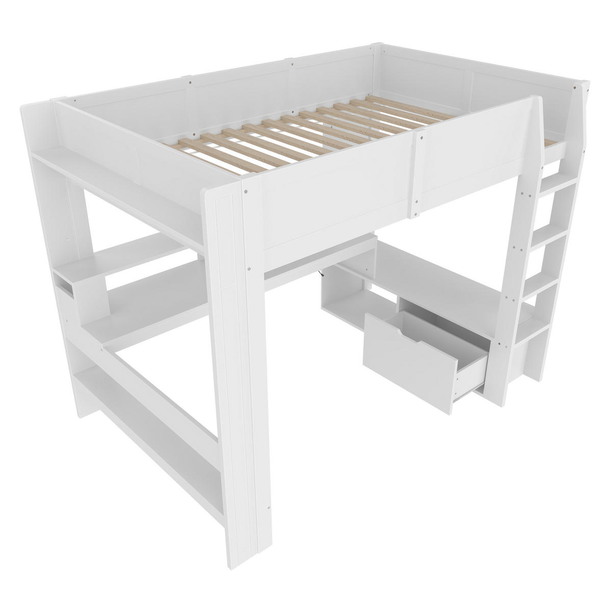 HOCHBETT 140x200cm Weiß Gaming Schreibtisch LED-Licht Schublade Regale - Weiß, Holz (140/200cm) - FLIEKS