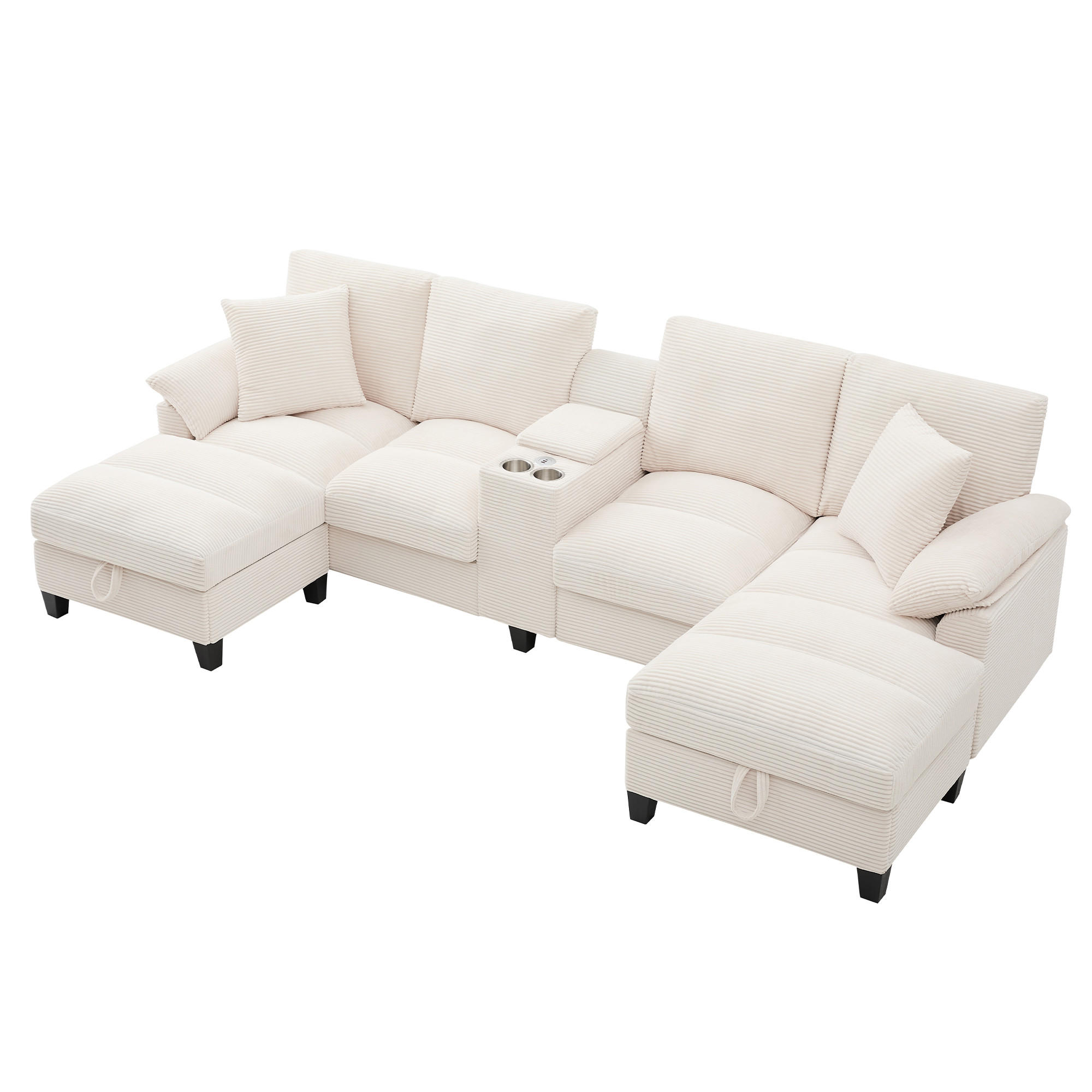 WOHNLANDSCHAFT 293/142/93 cm Beige mit Stauraum, Getränkehaltern und 2 USB-Anschlüssen - Beige, Textil (293/93/142cm) - Oxeza