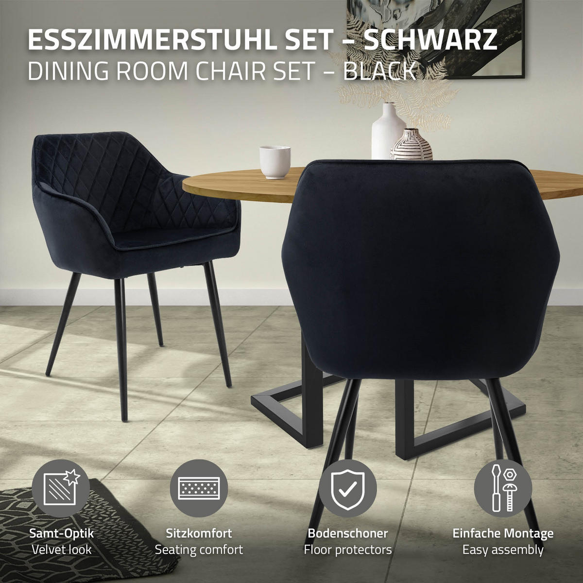 ESSZIMMERSTUHL Samt Schwarz 2er Set - Schwarz, Textil/Metall (63/80/60cm) - ML-DESIGN